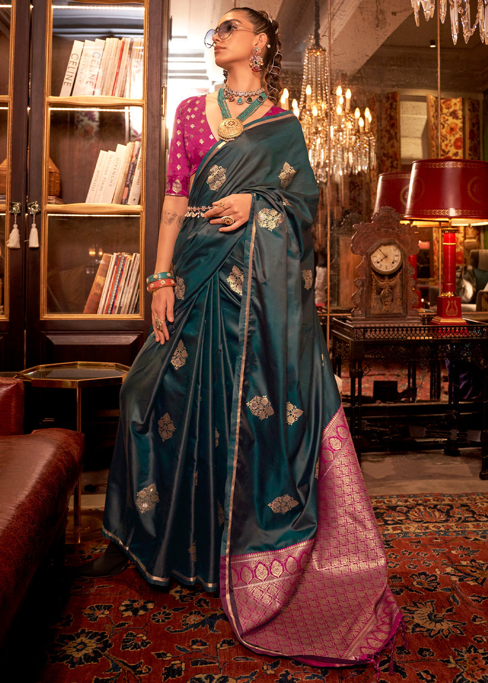 Bottle Green Elegant Satin Silk Saree – Evening Cocktail & Dinner Party Wear