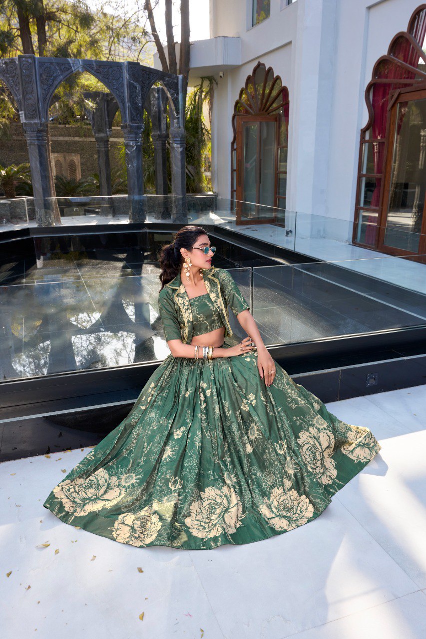 Bottle Green Elegant Tussar Silk Floral Co-ord Set – Lehenga, Blouse & Koti