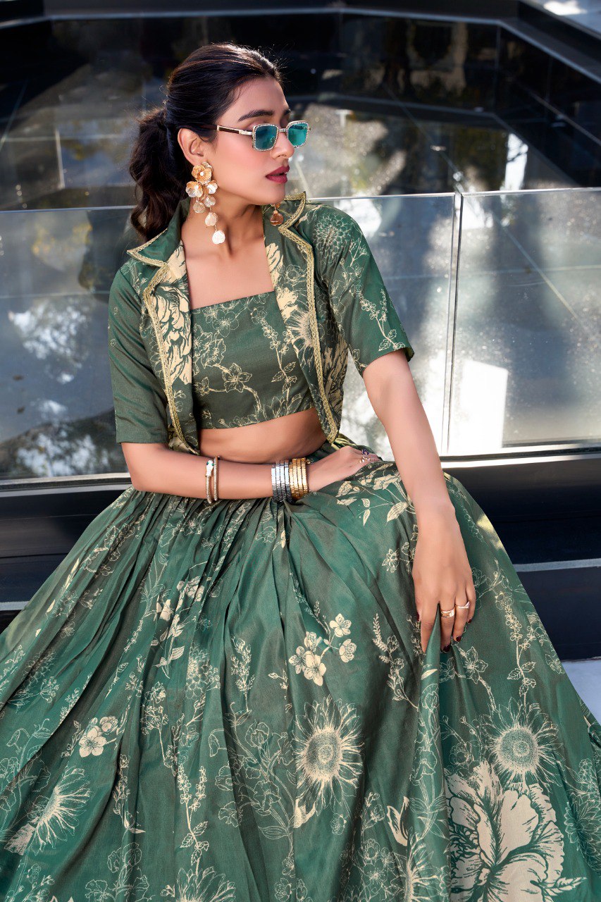 Bottle Green Elegant Tussar Silk Floral Co-ord Set – Lehenga, Blouse & Koti