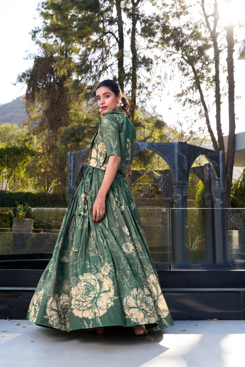 Bottle Green Elegant Tussar Silk Floral Co-ord Set – Lehenga, Blouse & Koti