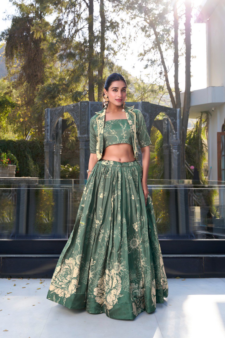 Bottle Green Elegant Tussar Silk Floral Co-ord Set – Lehenga, Blouse & Koti
