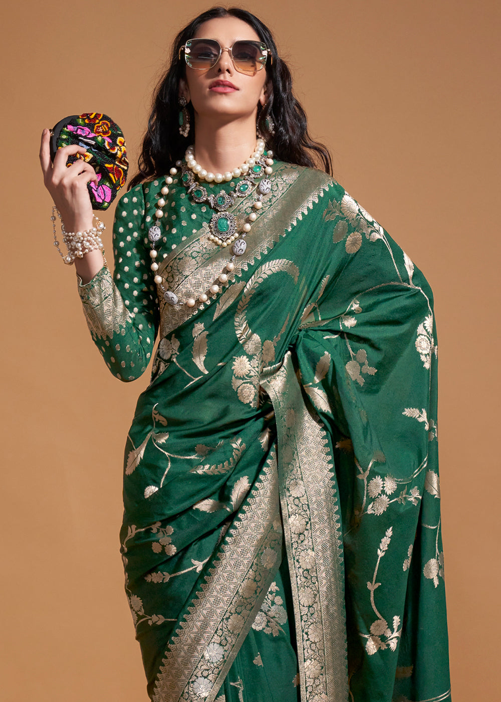 Bottle Green Fairytale Banarasi Georgette Silk Saree with Brocade Blouse – Summer Glam Edition
