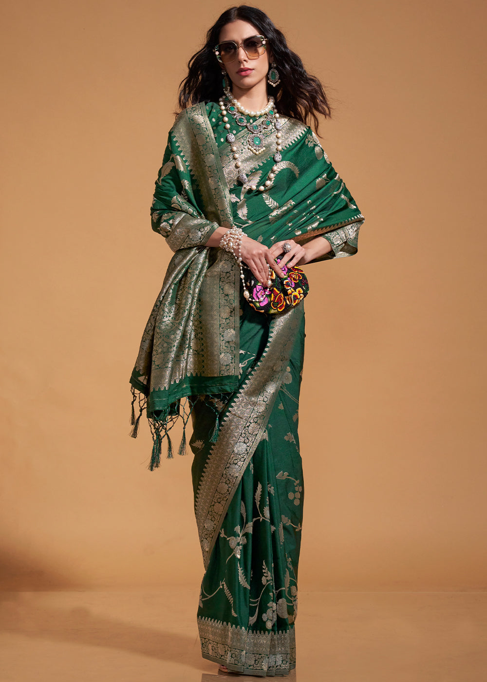 Bottle Green Fairytale Banarasi Georgette Silk Saree with Brocade Blouse – Summer Glam Edition