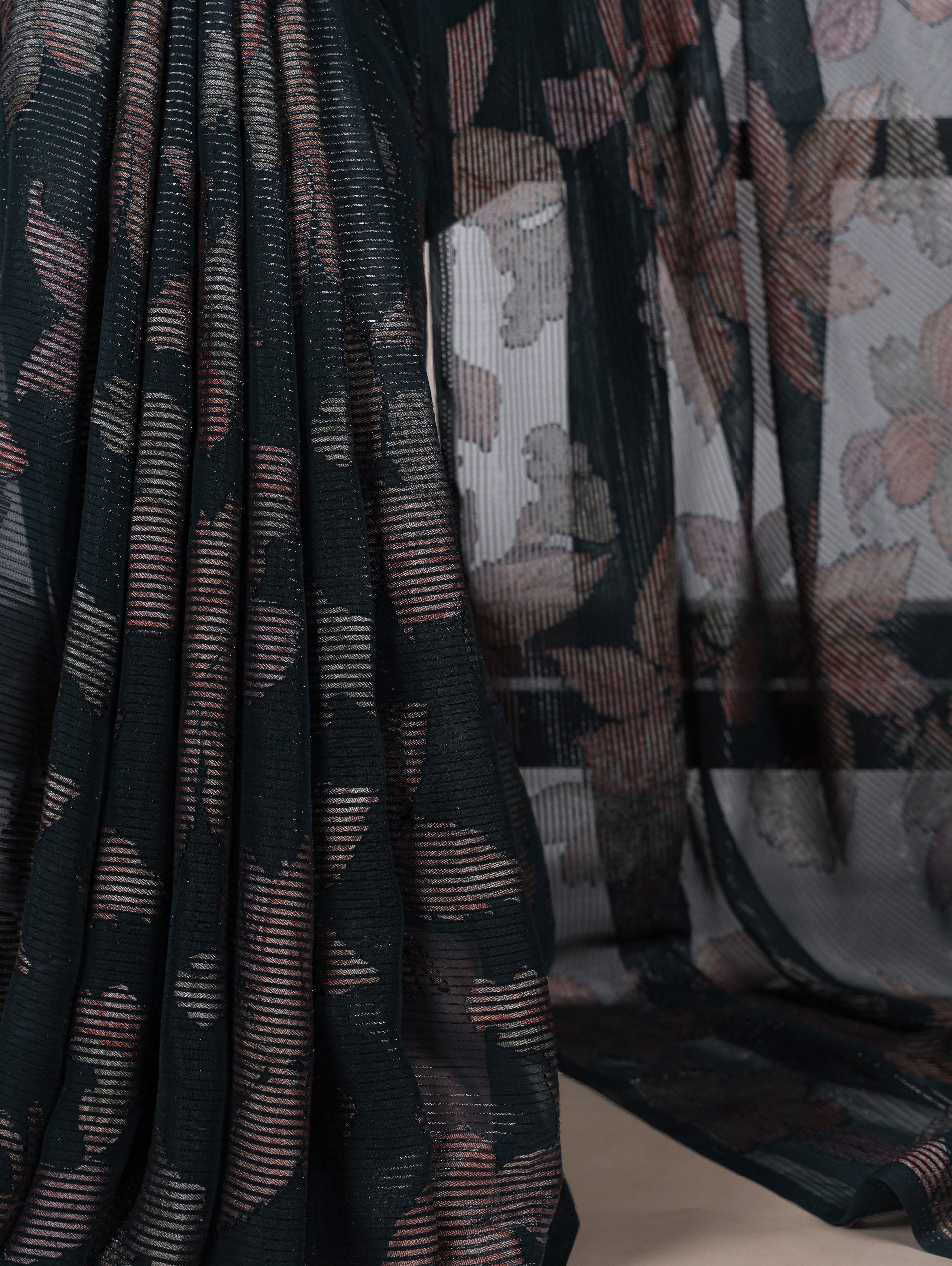 Bottle Green Floral Lurex Brasso Saree with Unstitched Blouse – Elegant Viscose Brasso Work