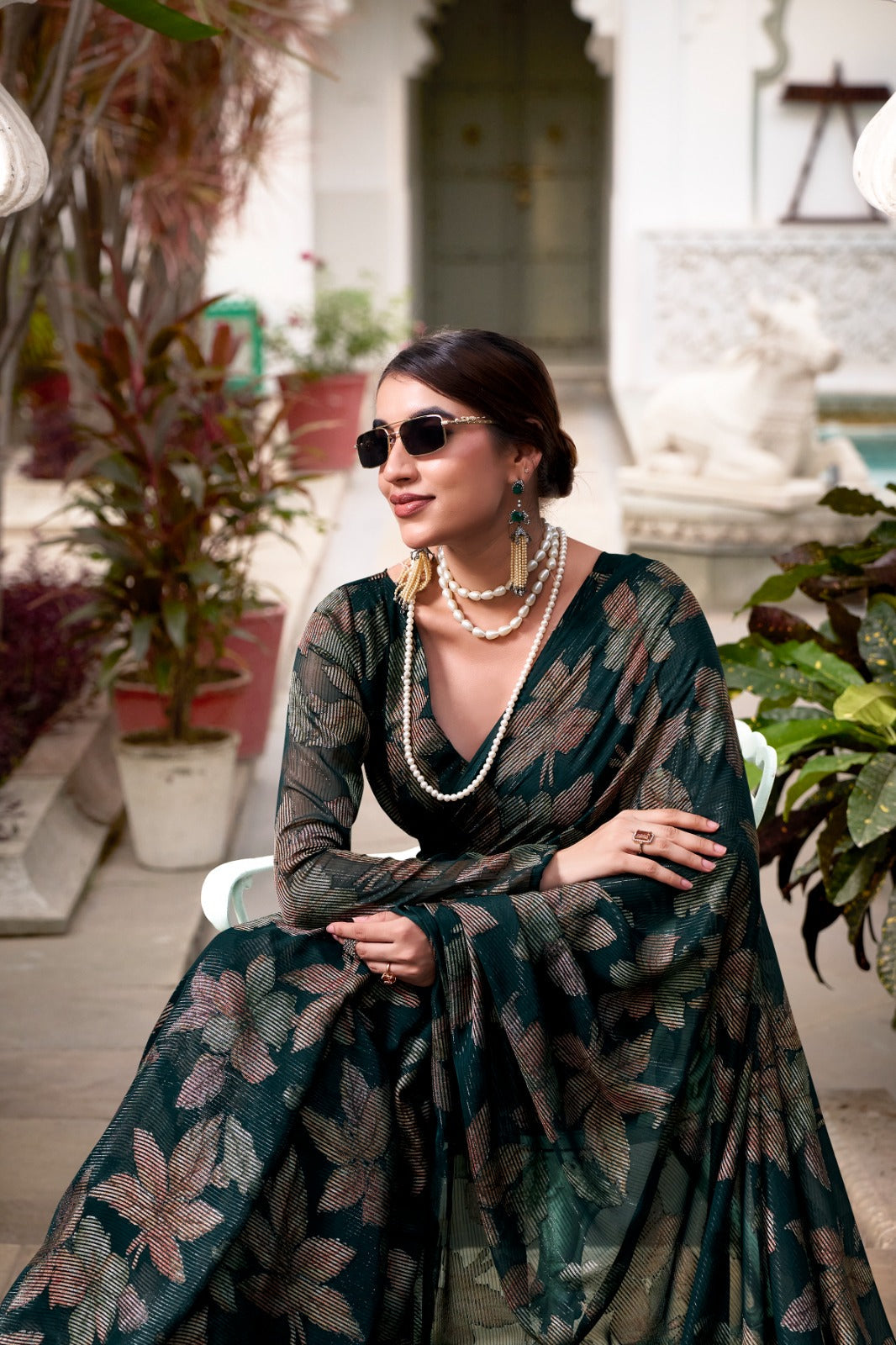 Bottle Green Floral Lurex Brasso Saree with Unstitched Blouse – Elegant Viscose Brasso Work