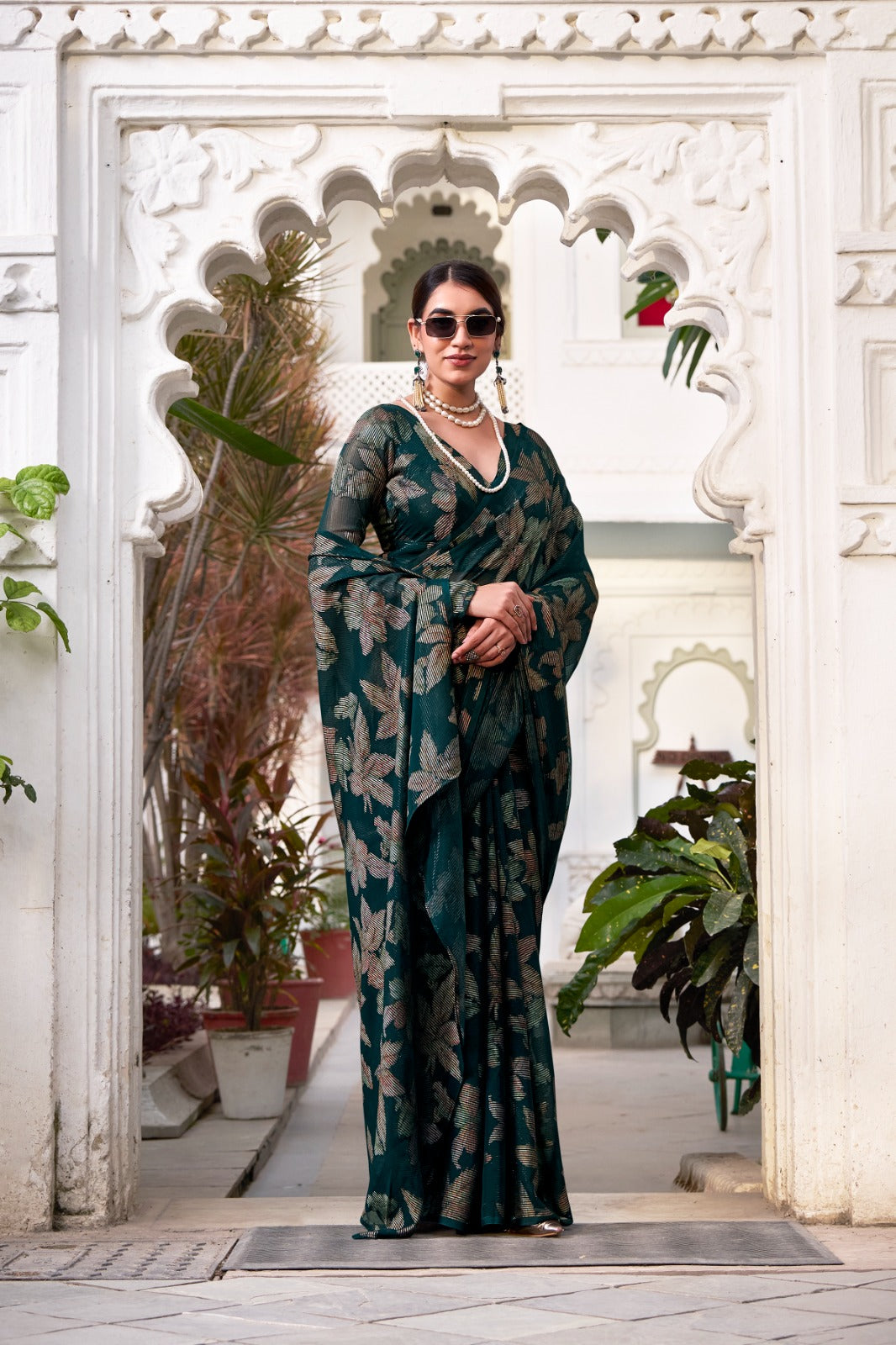 Bottle Green Floral Lurex Brasso Saree with Unstitched Blouse – Elegant Viscose Brasso Work