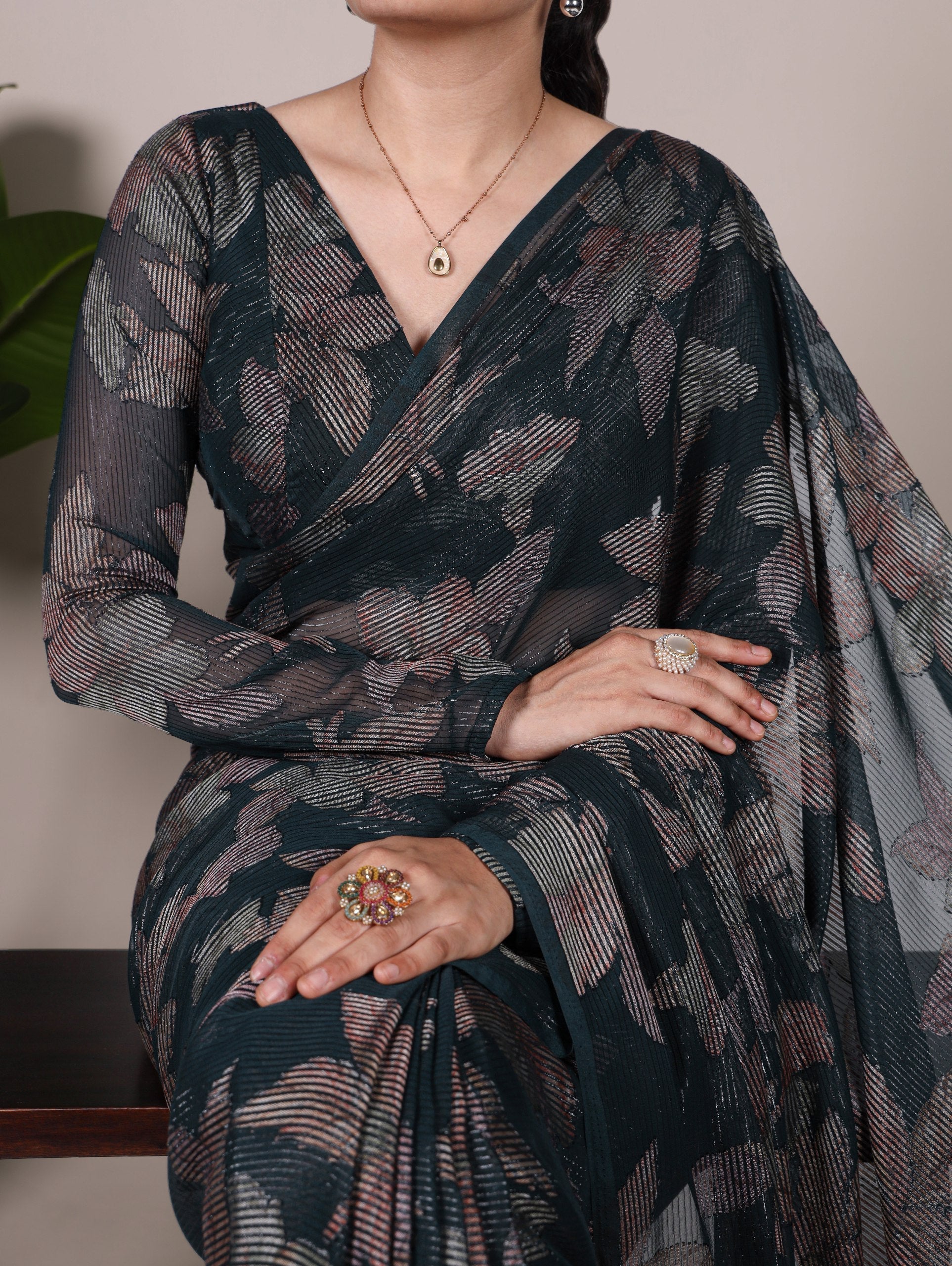 Bottle Green Floral Lurex Brasso Saree with Unstitched Blouse – Elegant Viscose Brasso Work