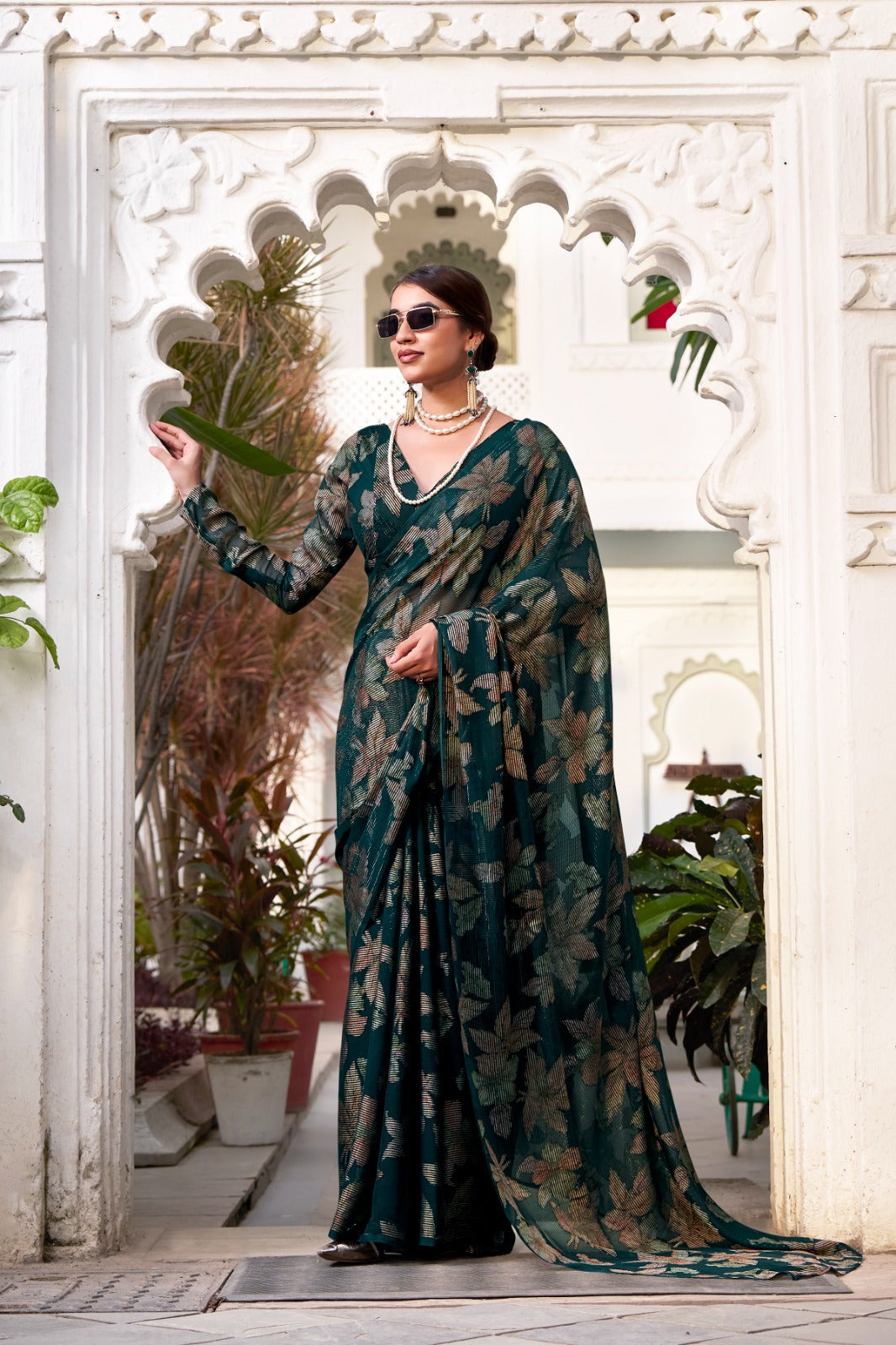 Bottle Green Floral Lurex Brasso Saree with Unstitched Blouse – Elegant Viscose Brasso Work