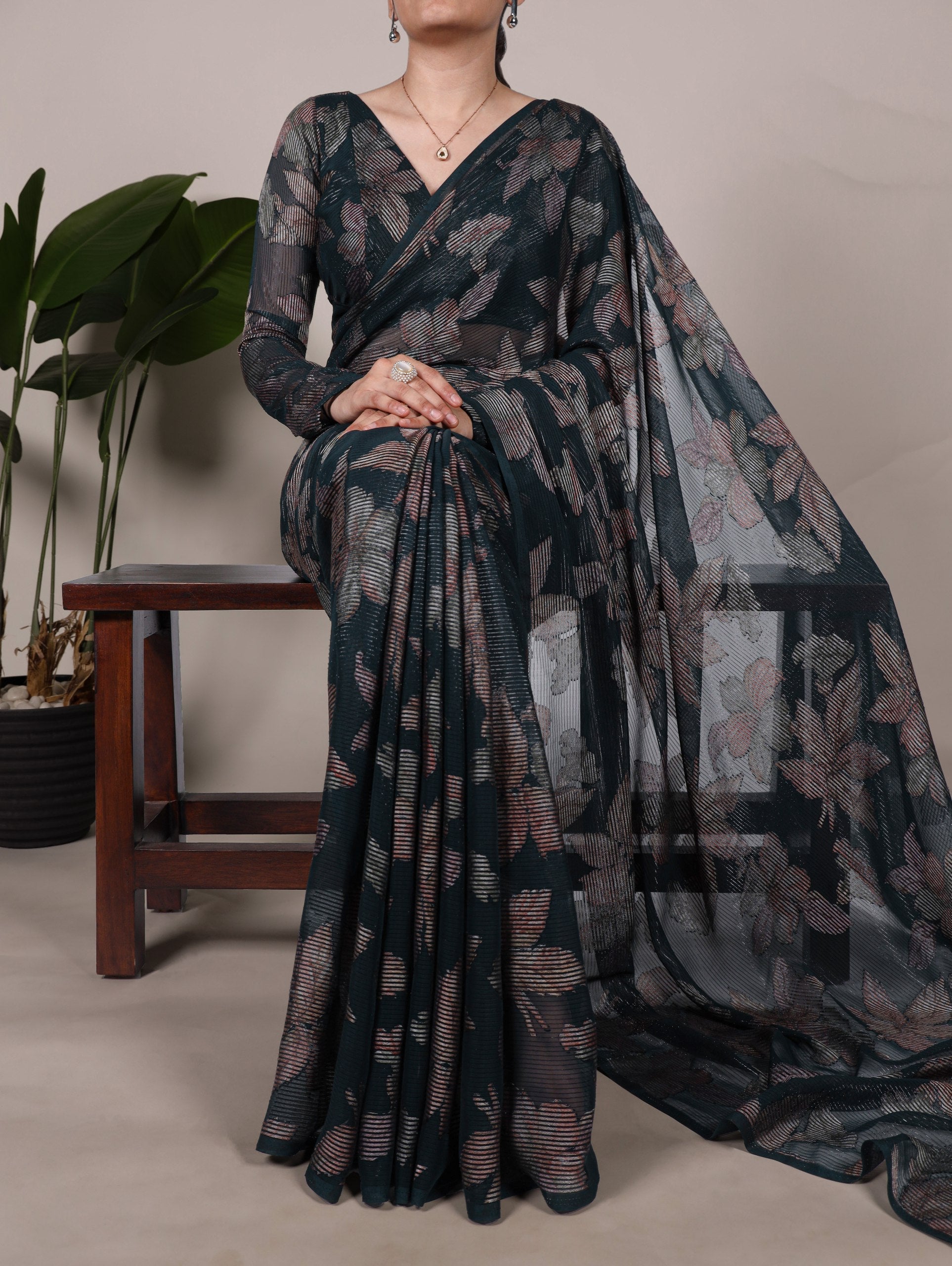 Bottle Green Floral Lurex Brasso Saree with Unstitched Blouse – Elegant Viscose Brasso Work
