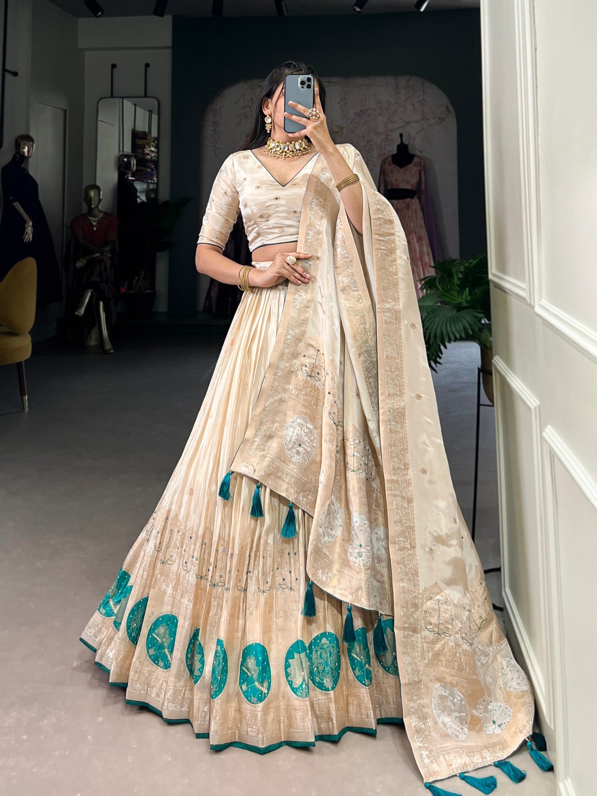 Bottle Green Radiant Shimmer Mirror & Beads Handwork Lehenga Set
