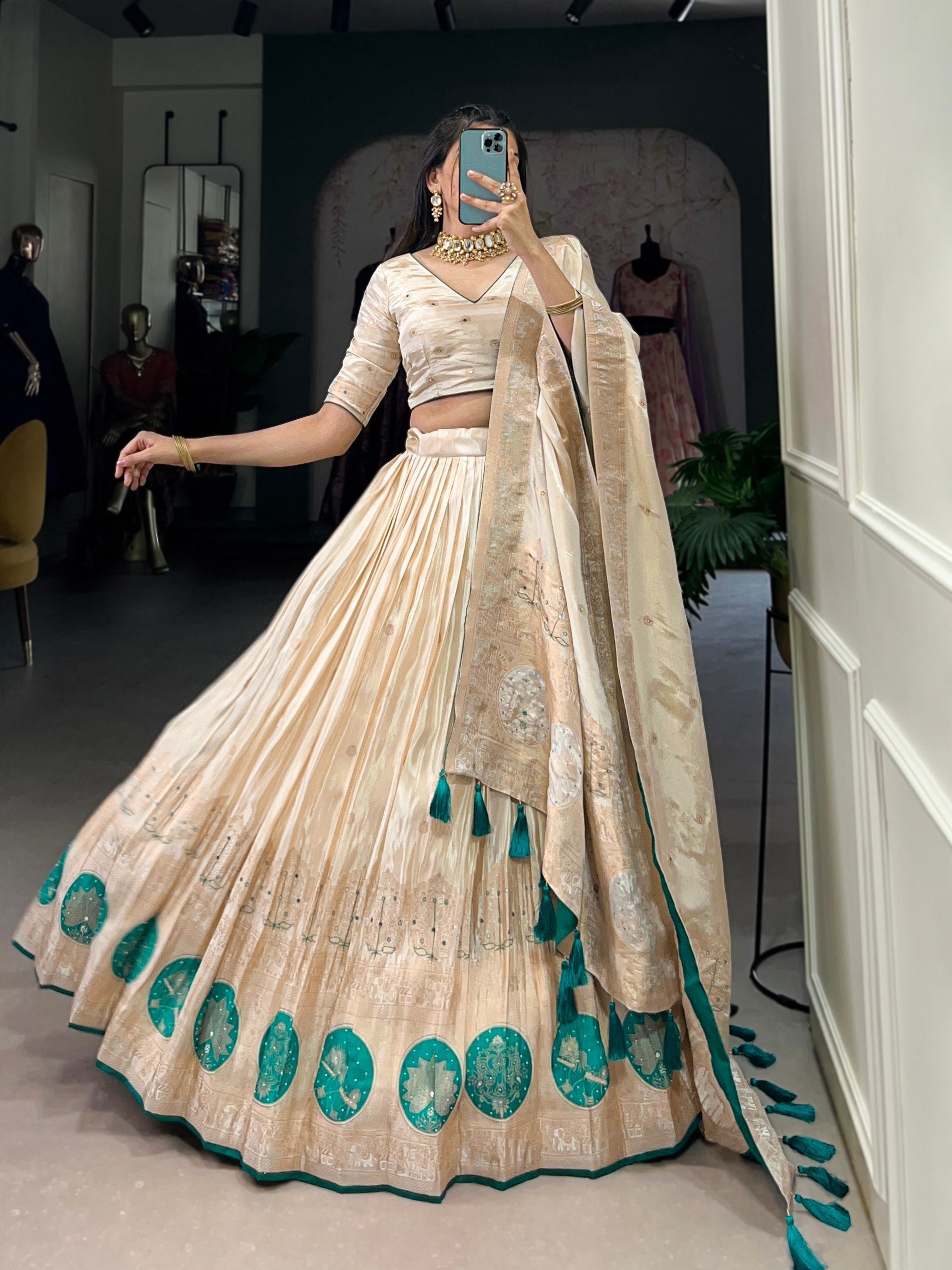 Bottle Green Radiant Shimmer Mirror & Beads Handwork Lehenga Set