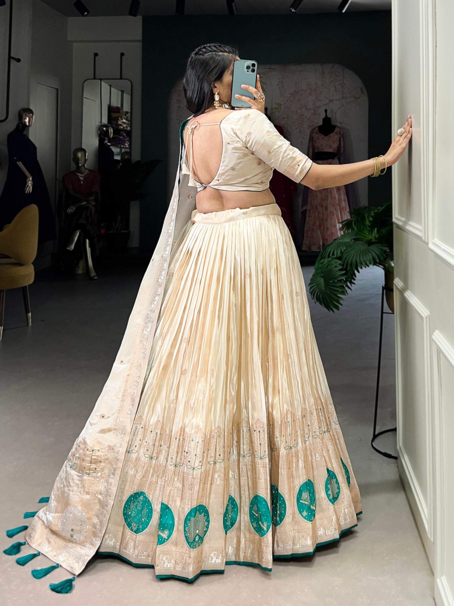 Bottle Green Radiant Shimmer Mirror & Beads Handwork Lehenga Set