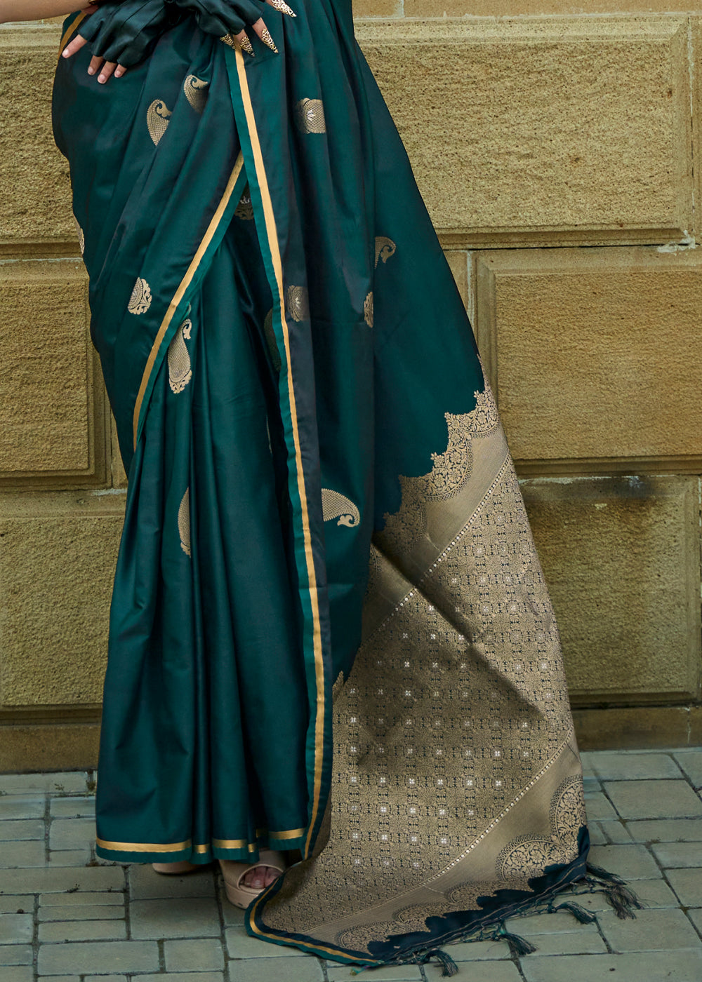 Bottle Green Regal Banarasi Satin Silk Saree – Timeless Elegance