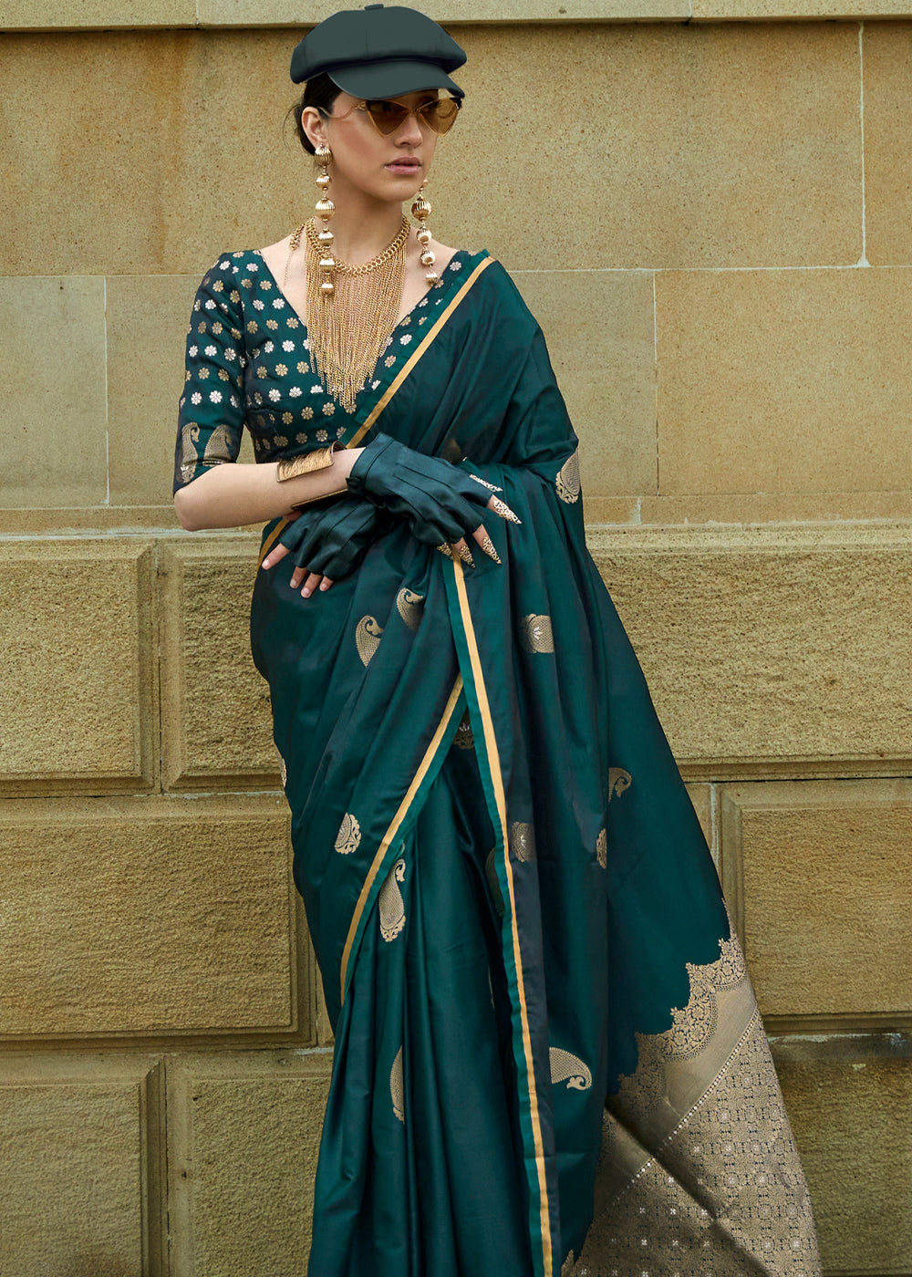 Bottle Green Regal Banarasi Satin Silk Saree – Timeless Elegance