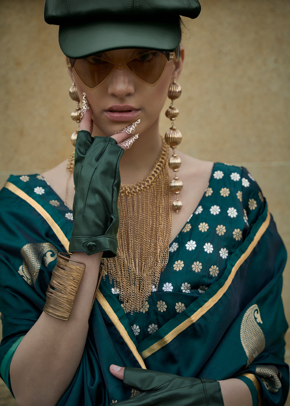 Bottle Green Regal Banarasi Satin Silk Saree – Timeless Elegance