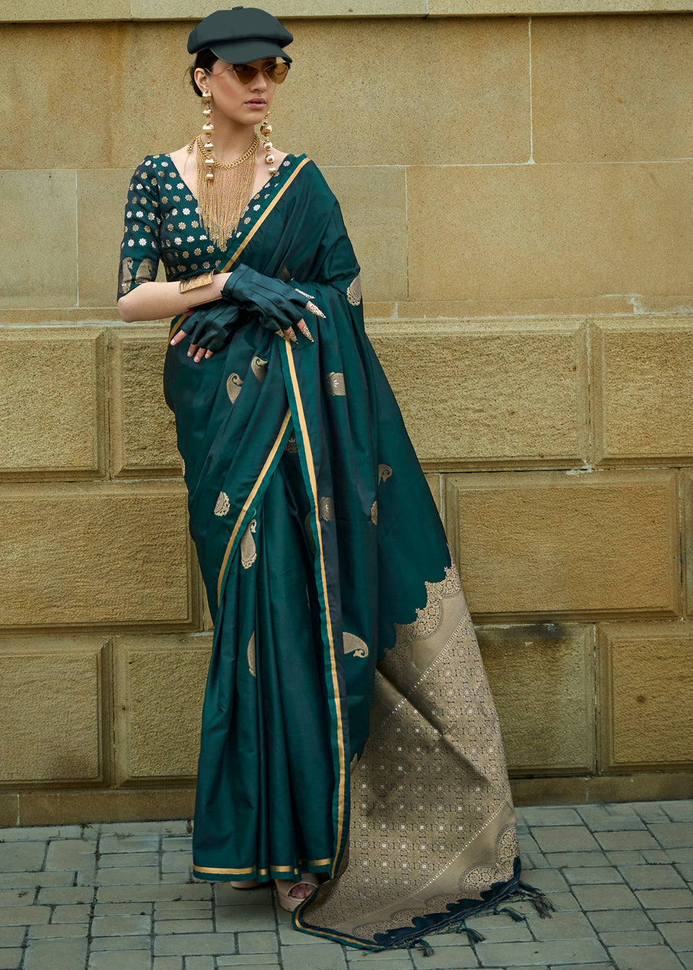 Bottle Green Regal Banarasi Satin Silk Saree – Timeless Elegance
