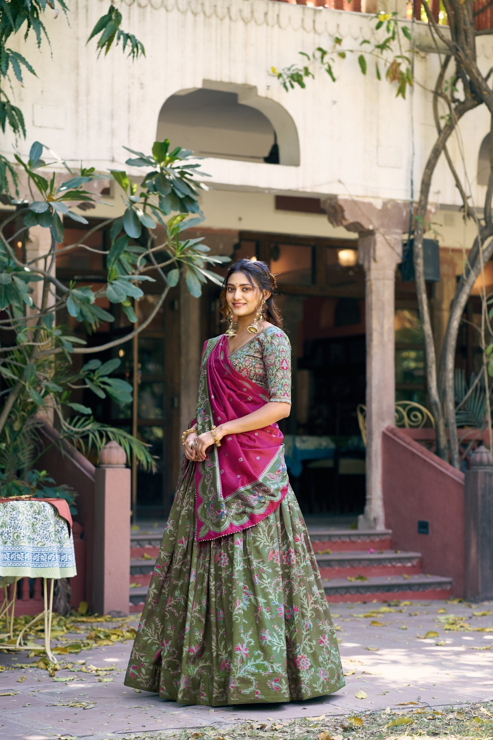 Bottle Green Silk Foil Print Lehenga Set