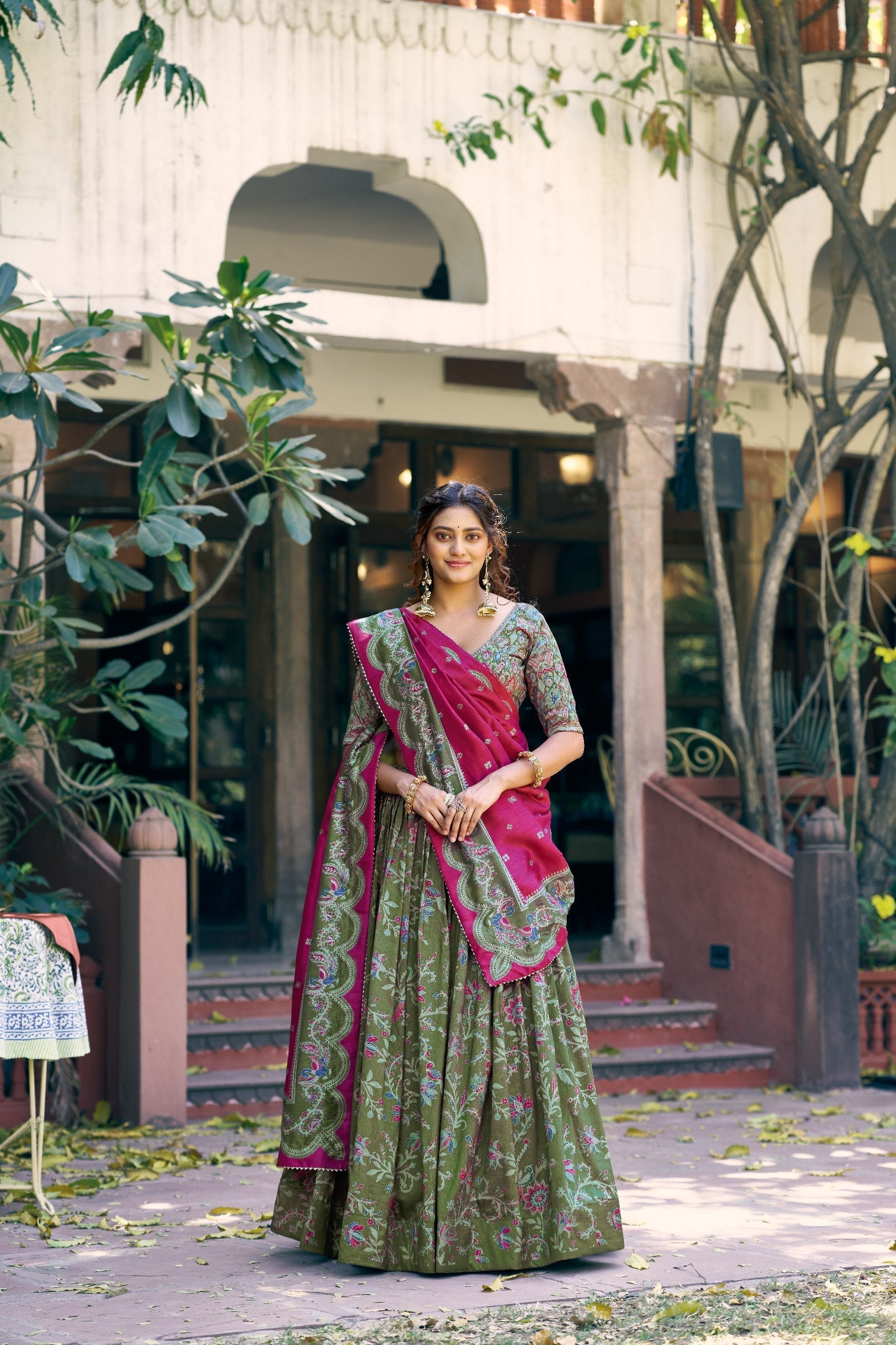 Bottle Green Silk Foil Print Lehenga Set