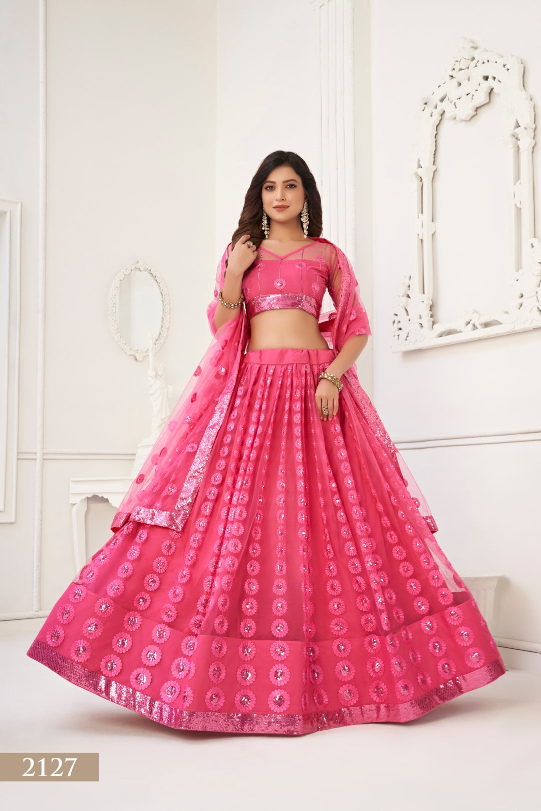 Bright Pink Elegant Butterfly Net Lehenga Set with Intricate Tone-to-Tone Embroidery