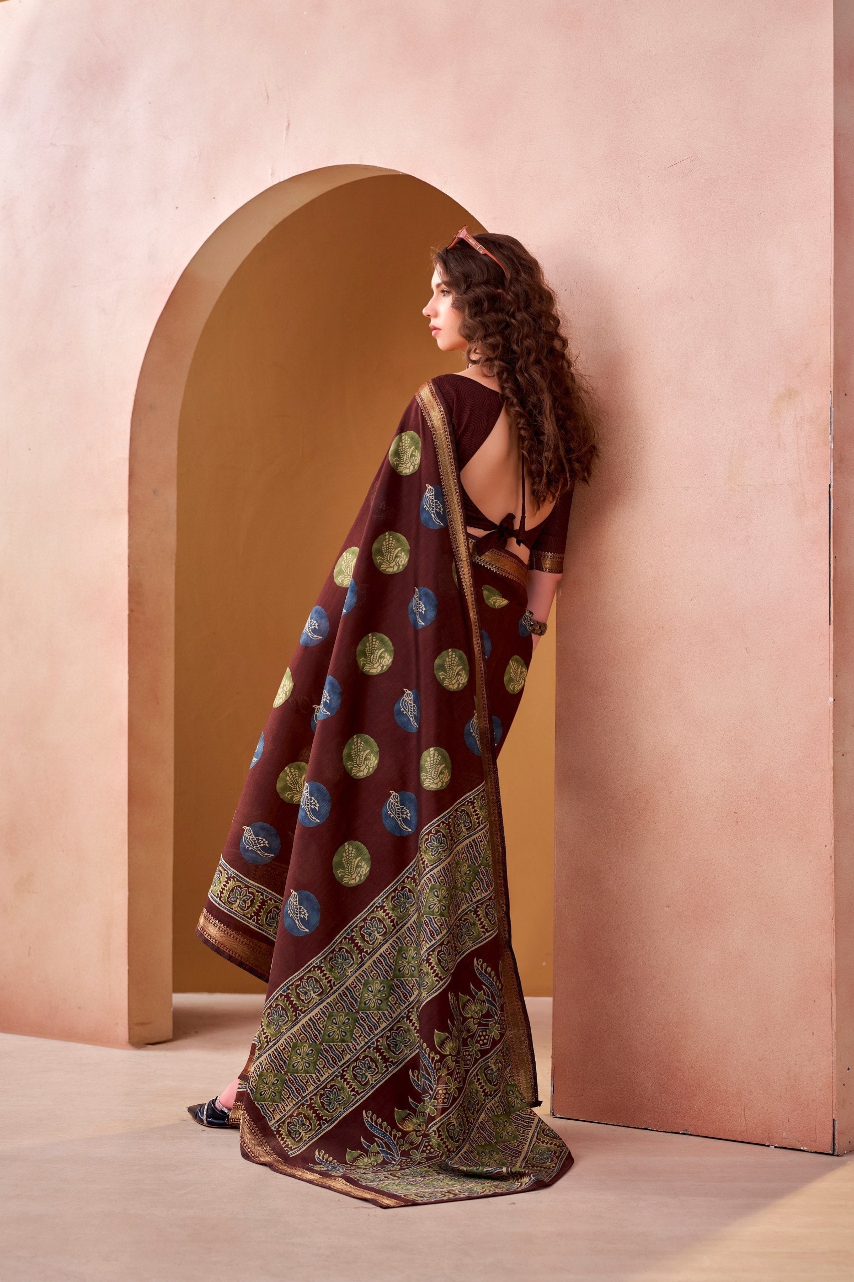 Brown Chanderi Printed Saree