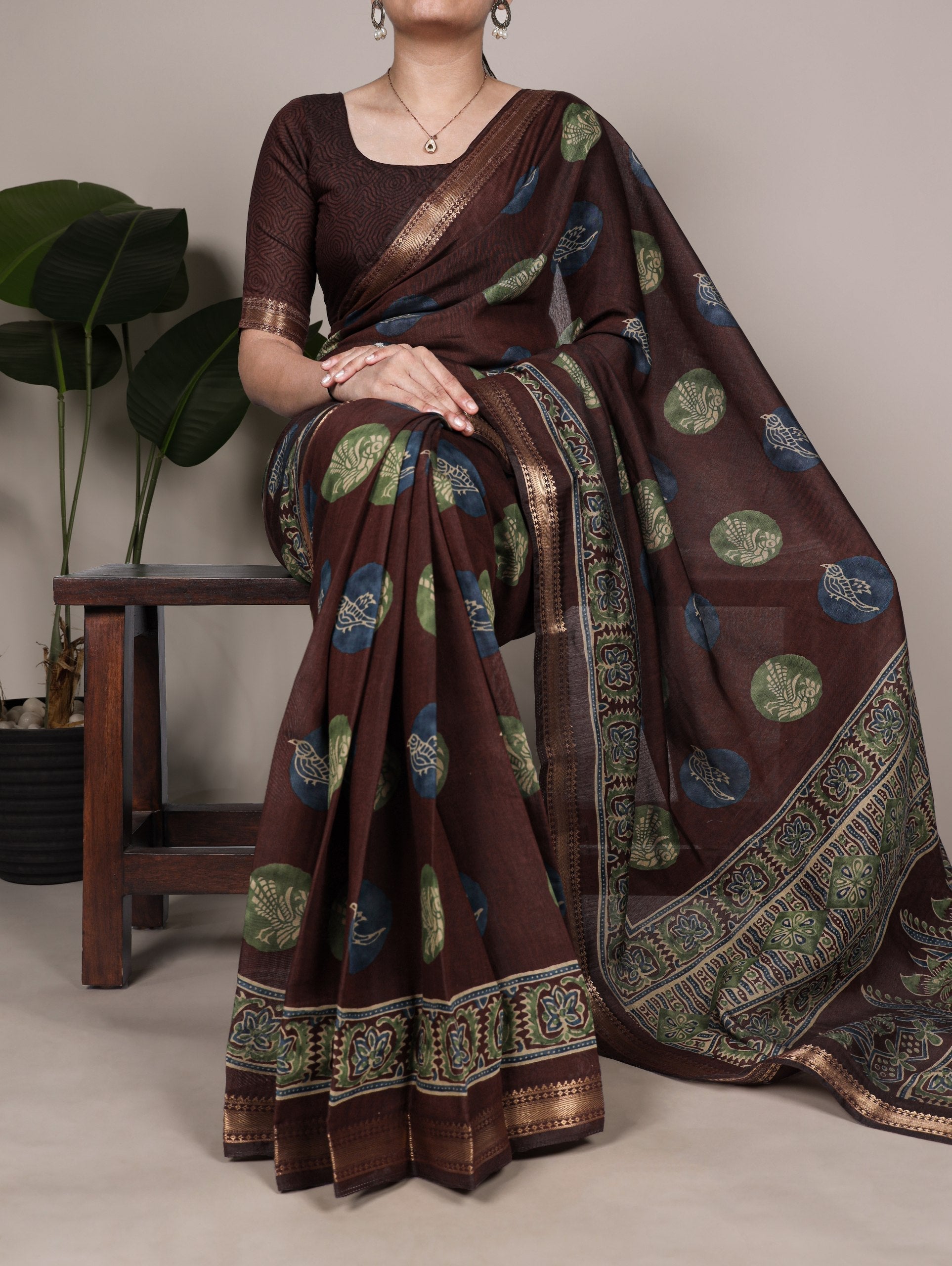 Brown Chanderi Printed Saree