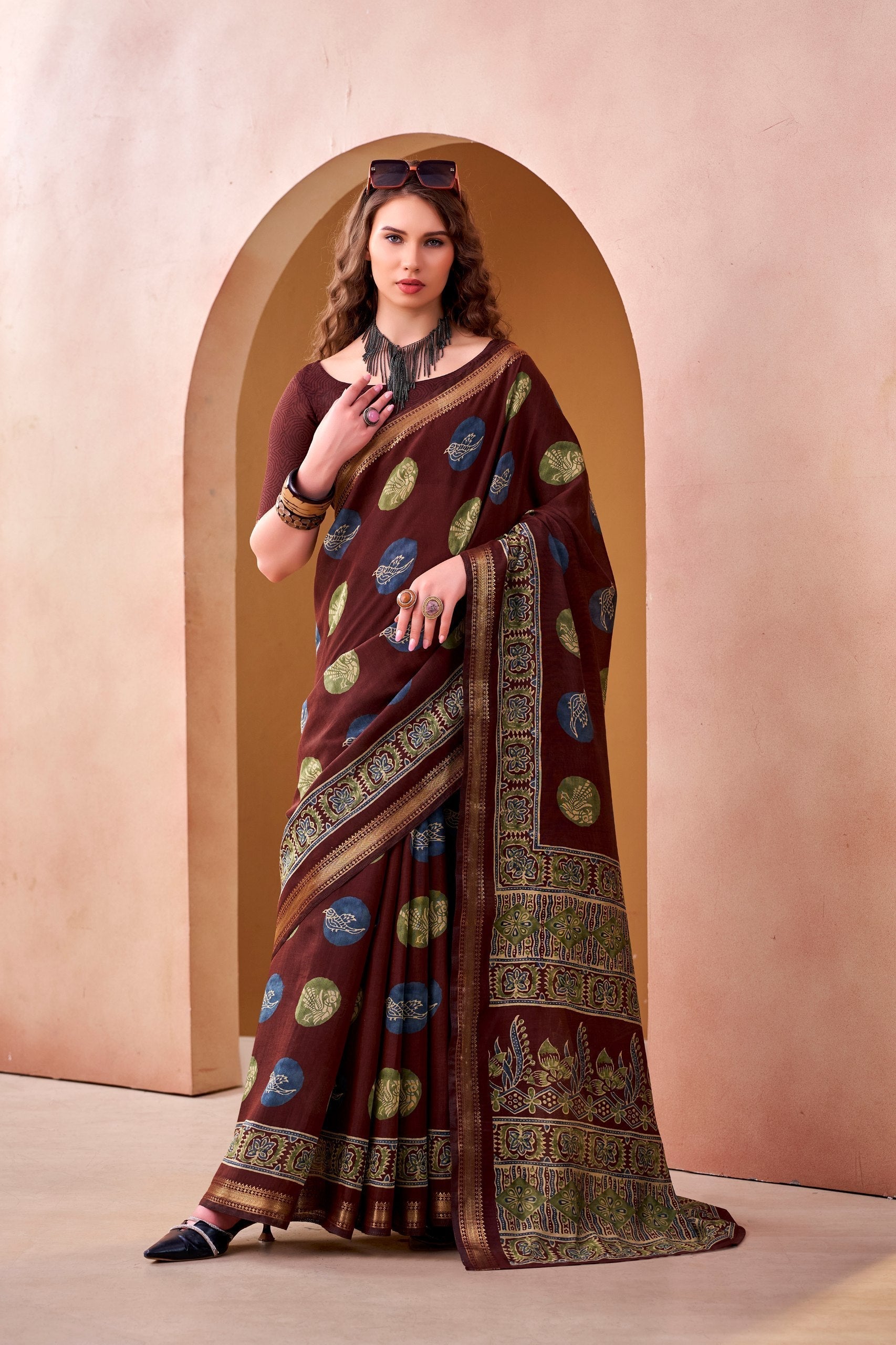 Brown Chanderi Printed Saree