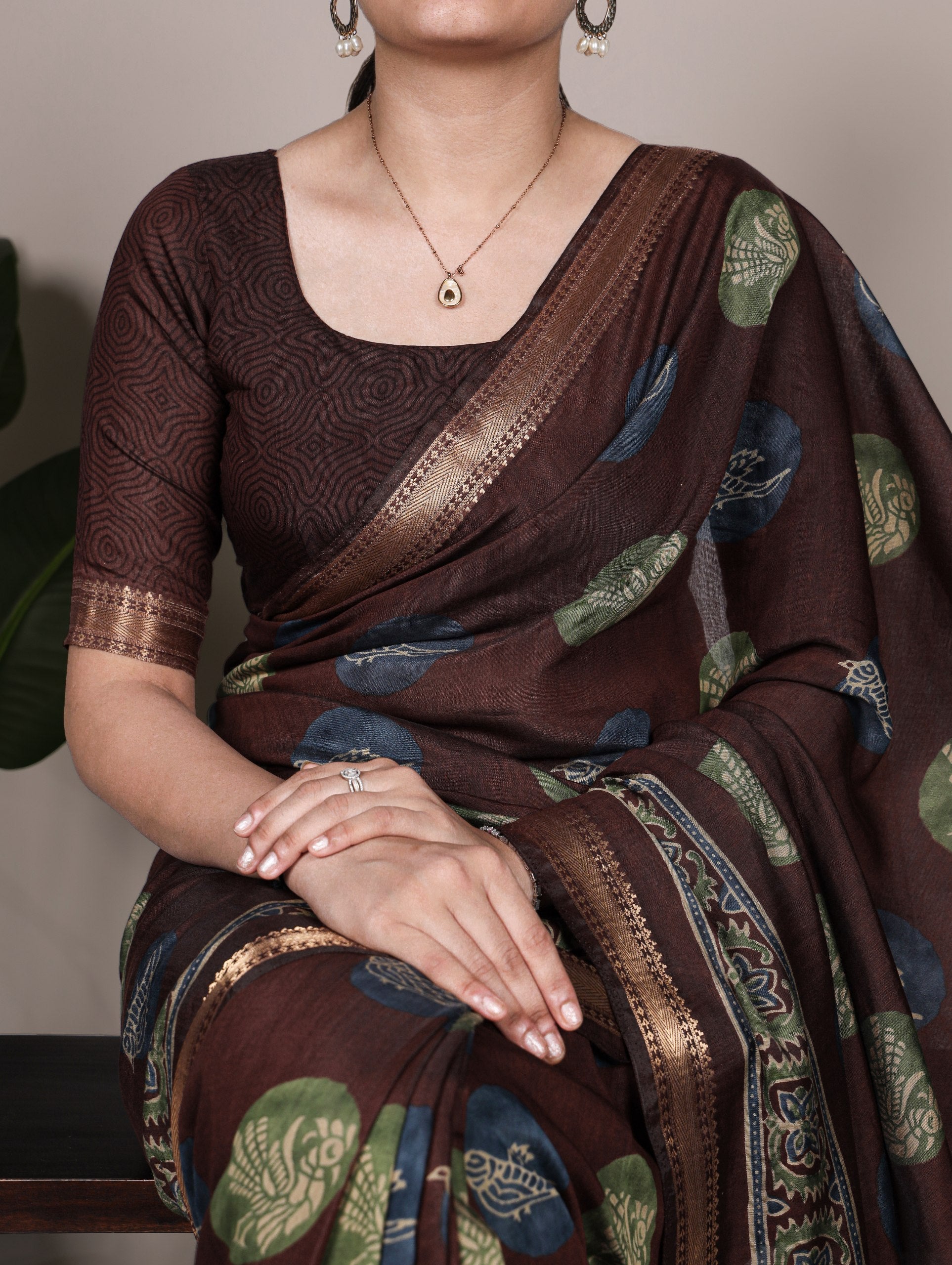 Brown Chanderi Printed Saree