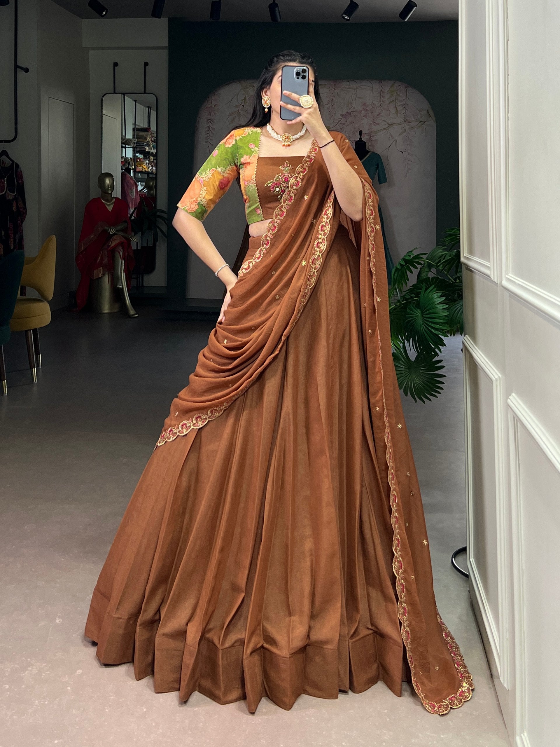 Brown Chocolate Crush Handwork Gotta Patti Lehenga Choli Set with 5-Meter Flair & Embroidered Dupatta – Stitched Lehenga with Canvas and Adjustable Designer Blouse