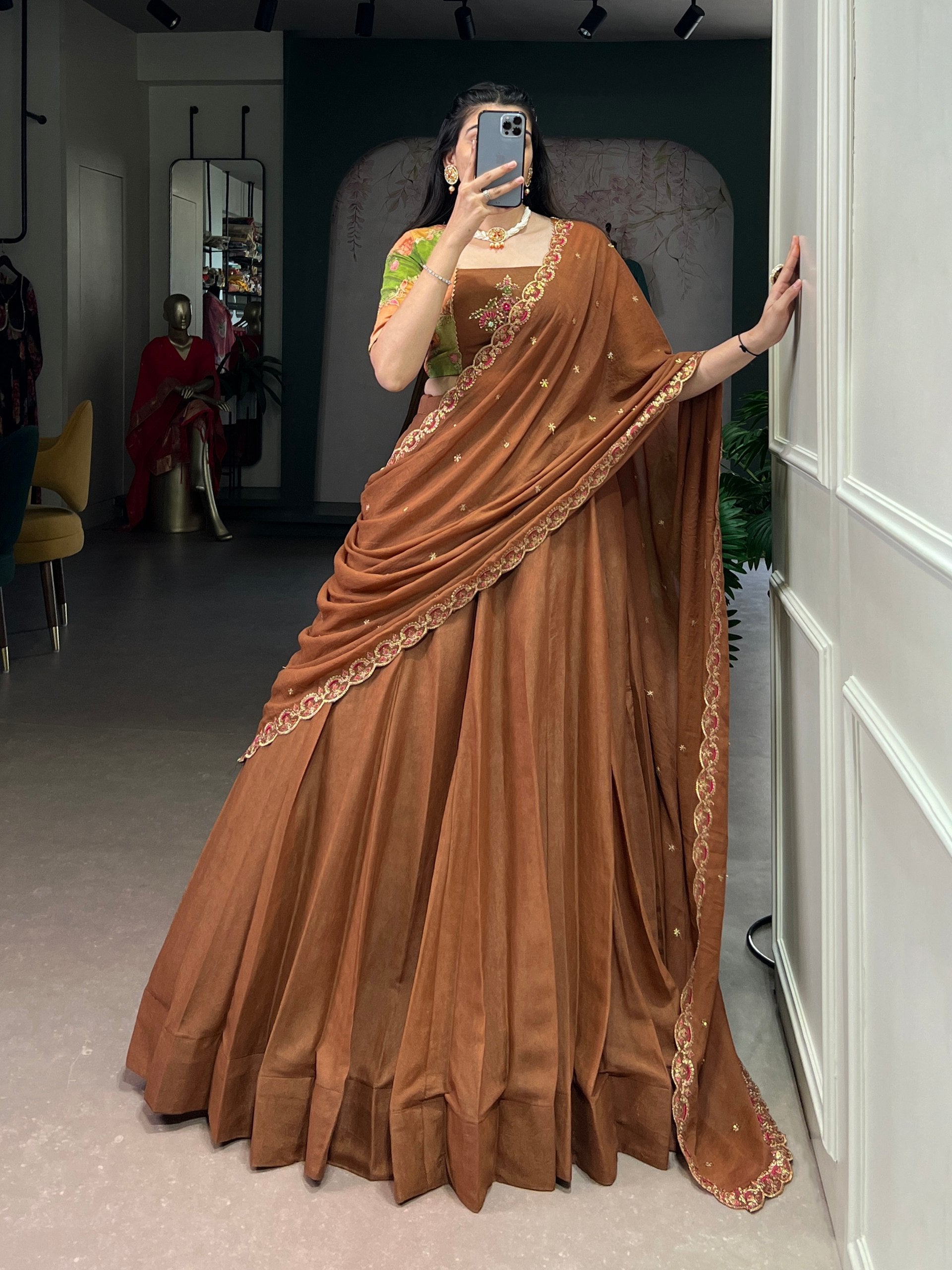 Brown Chocolate Crush Handwork Gotta Patti Lehenga Choli Set with 5-Meter Flair & Embroidered Dupatta – Stitched Lehenga with Canvas and Adjustable Designer Blouse