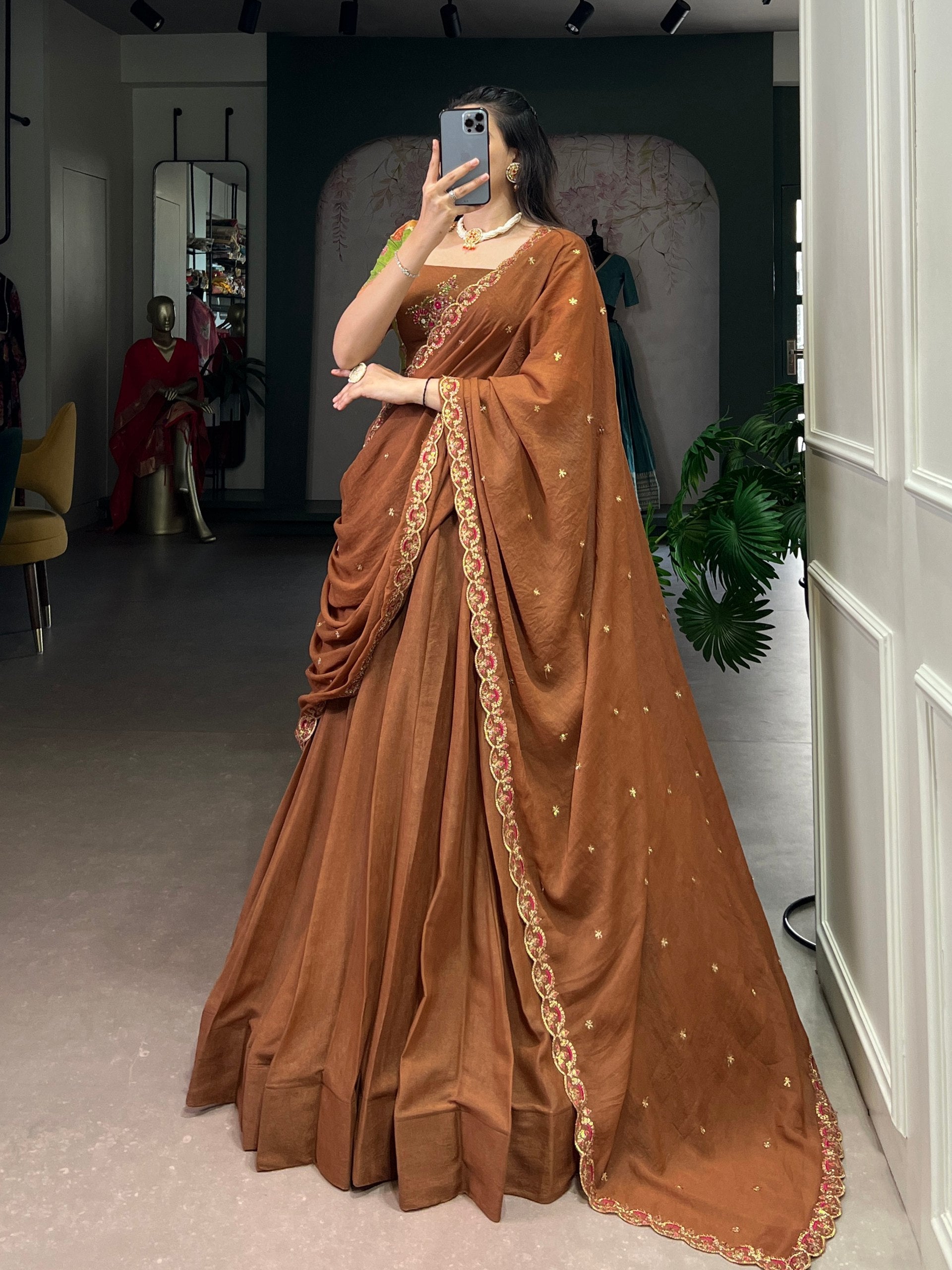 Brown Chocolate Crush Handwork Gotta Patti Lehenga Choli Set with 5-Meter Flair & Embroidered Dupatta – Stitched Lehenga with Canvas and Adjustable Designer Blouse