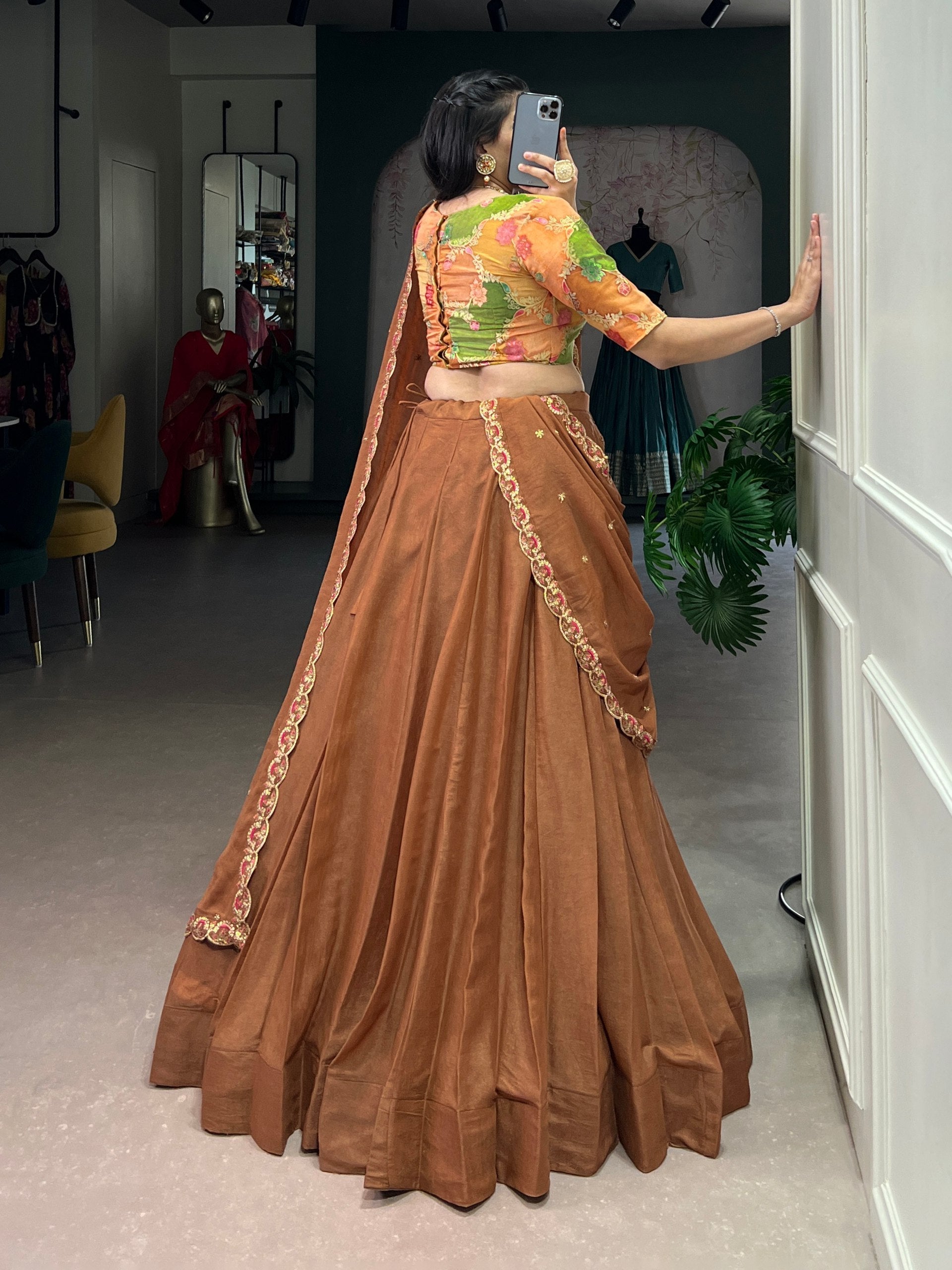 Brown Chocolate Crush Handwork Gotta Patti Lehenga Choli Set with 5-Meter Flair & Embroidered Dupatta – Stitched Lehenga with Canvas and Adjustable Designer Blouse