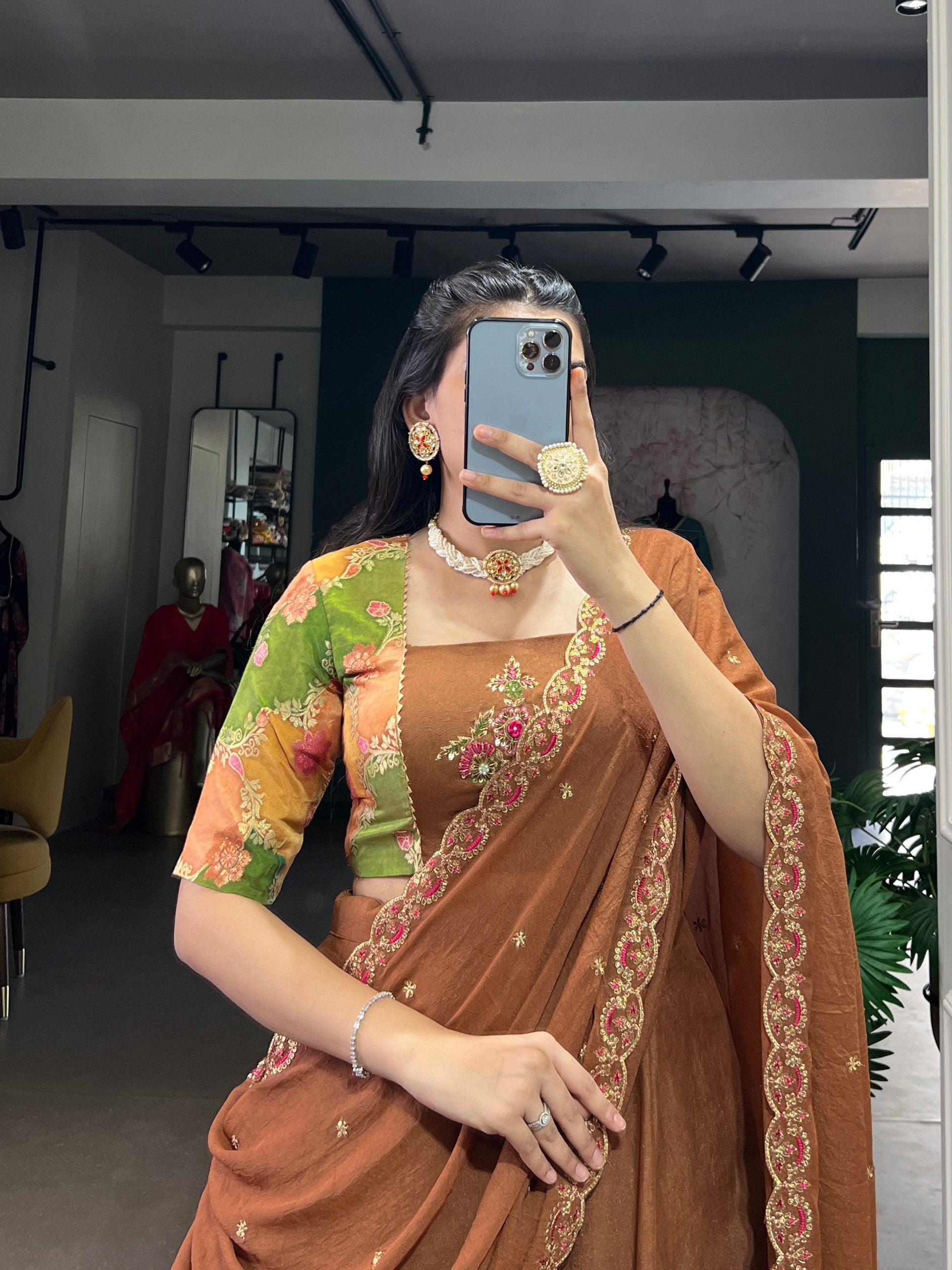 Brown Chocolate Crush Handwork Gotta Patti Lehenga Choli Set with 5-Meter Flair & Embroidered Dupatta – Stitched Lehenga with Canvas and Adjustable Designer Blouse