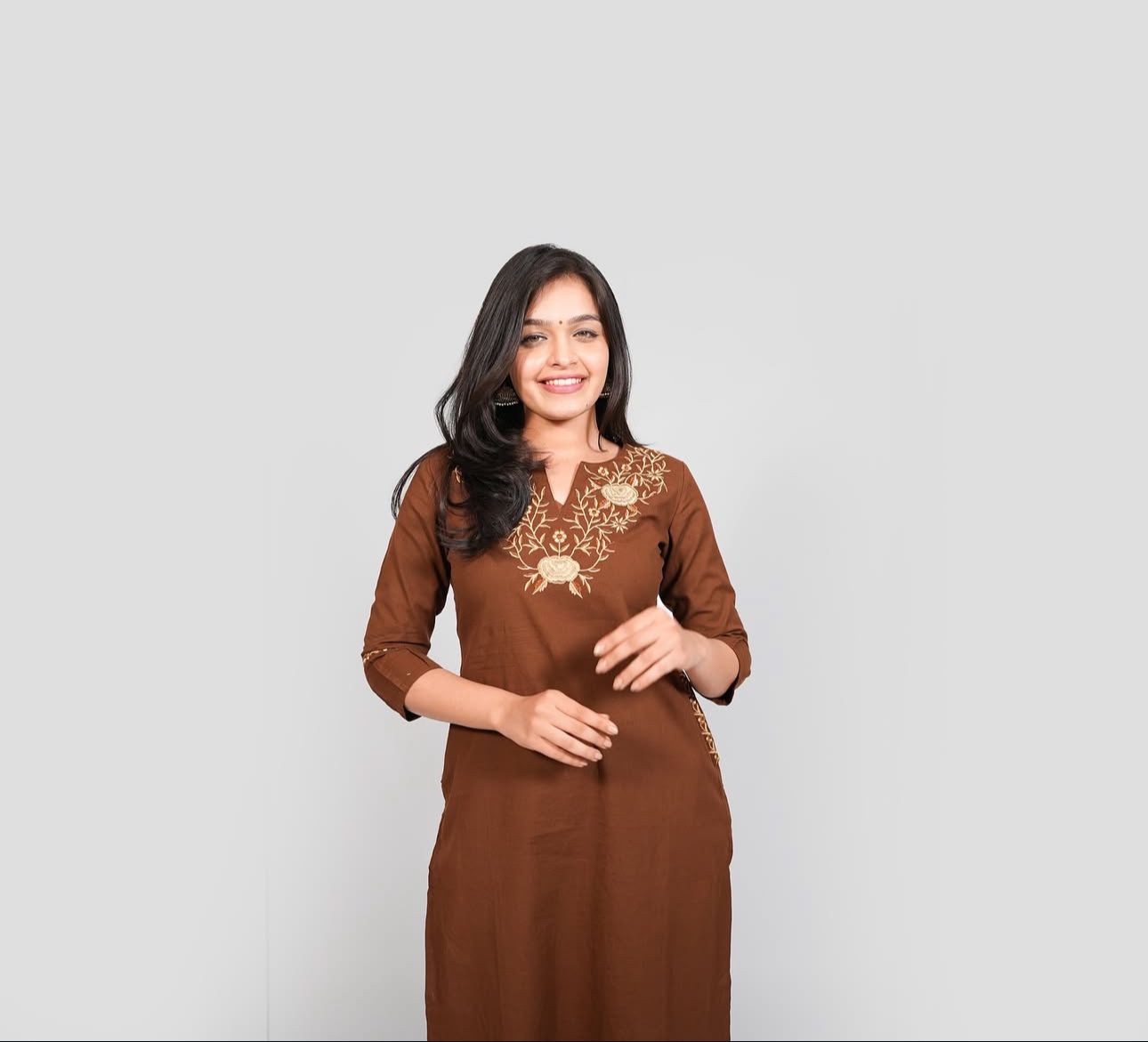 Brown Cotton Kurti Pant Set with Neck & Back Embroidery