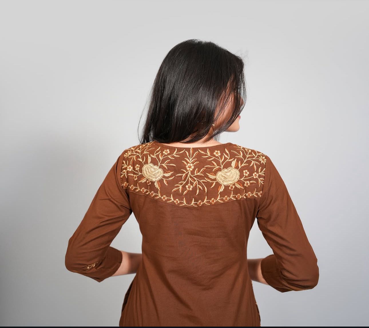 Brown Cotton Kurti Pant Set with Neck & Back Embroidery