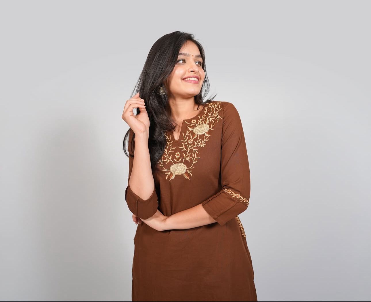 Brown Cotton Kurti Pant Set with Neck & Back Embroidery