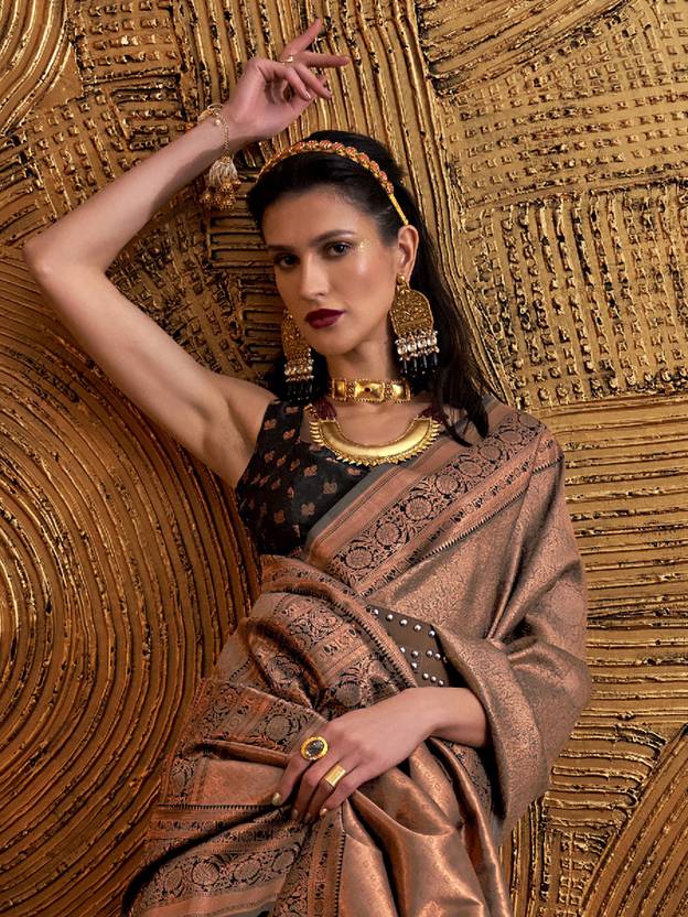 Brown Elegant Banarasi Silk Blend Woven Saree with Tassel Detailing