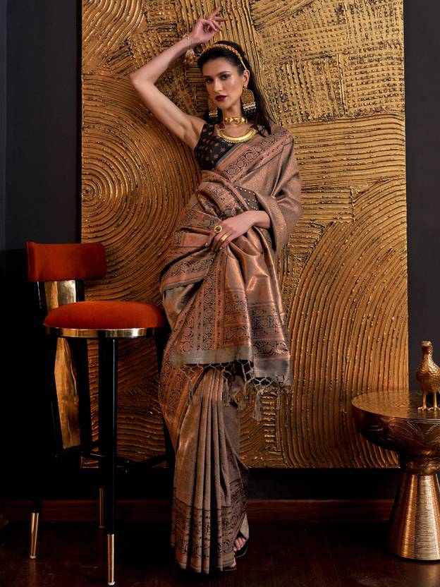 Brown Elegant Banarasi Silk Blend Woven Saree with Tassel Detailing