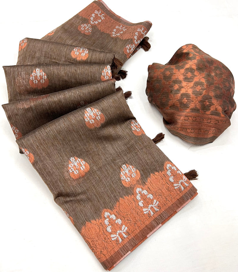 Brown Elegant Bollywood Cotton Silk Saree with Tassel Detailing