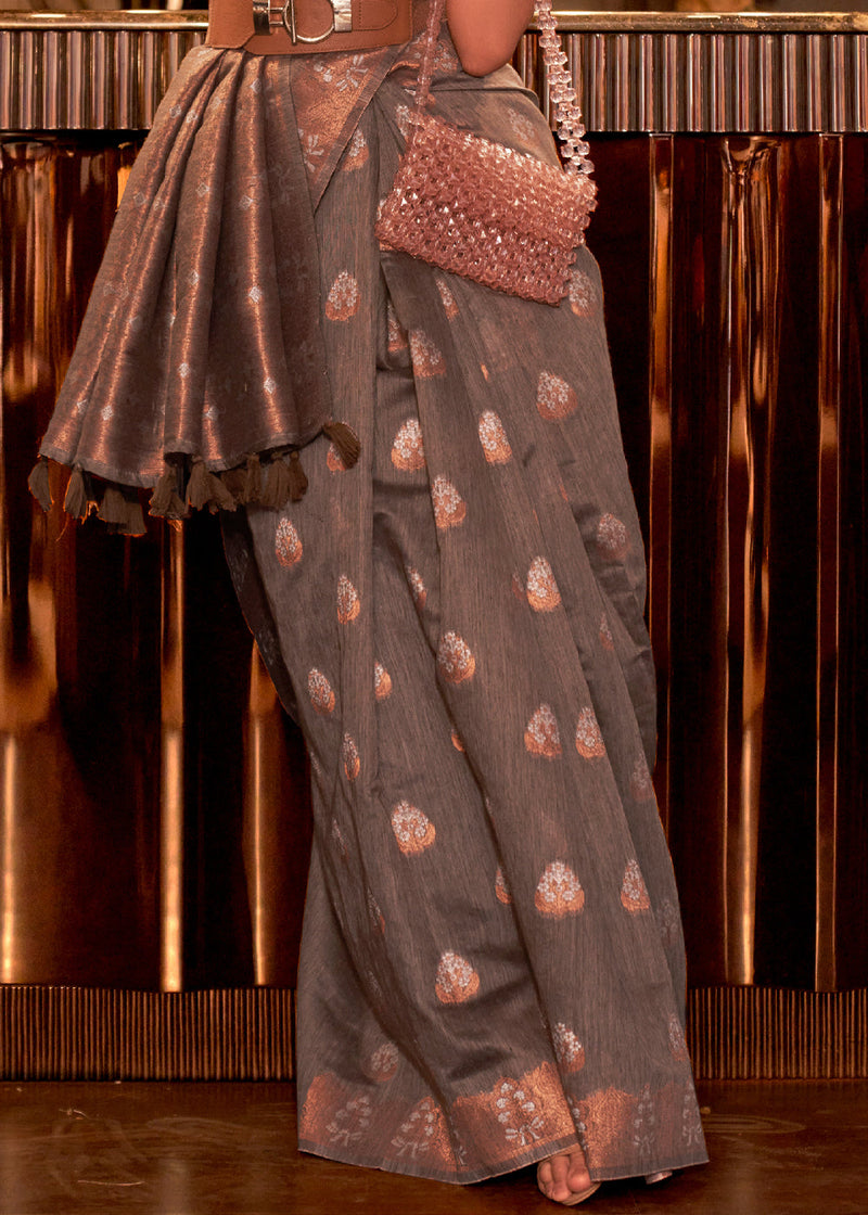 Brown Elegant Bollywood Cotton Silk Saree with Tassel Detailing