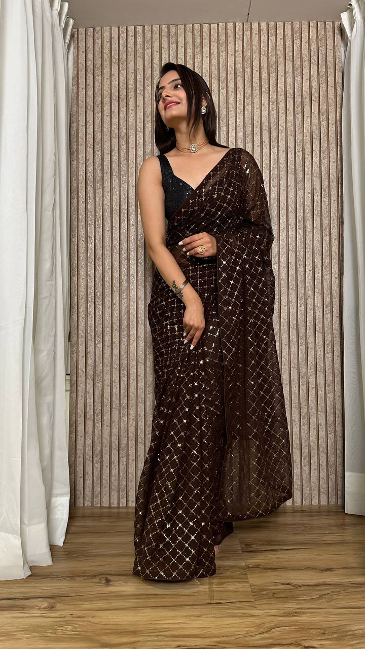 Brown Elegant Georgette Sequin Work Saree with Banglori Satin Blouse