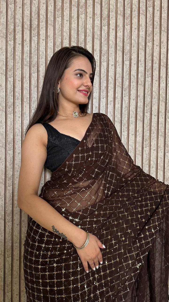 Brown Elegant Georgette Sequin Work Saree with Banglori Satin Blouse