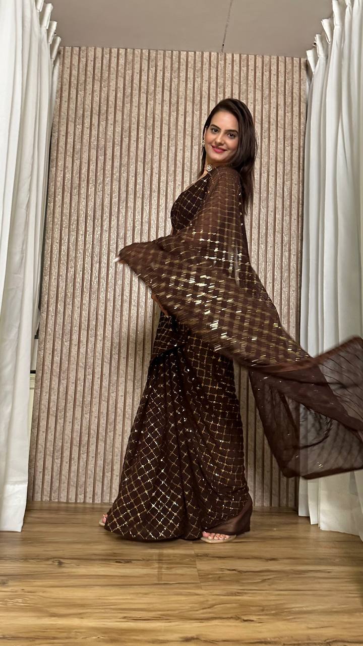 Brown Elegant Georgette Sequin Work Saree with Banglori Satin Blouse