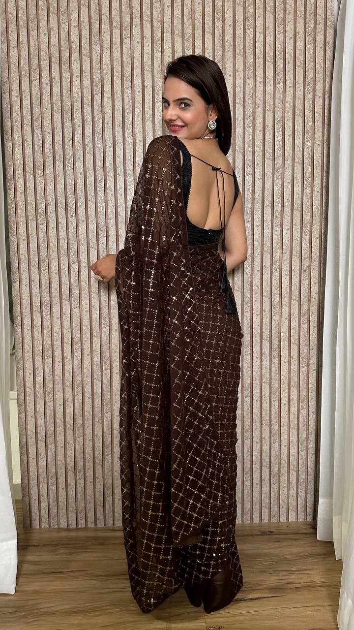 Brown Elegant Georgette Sequin Work Saree with Banglori Satin Blouse