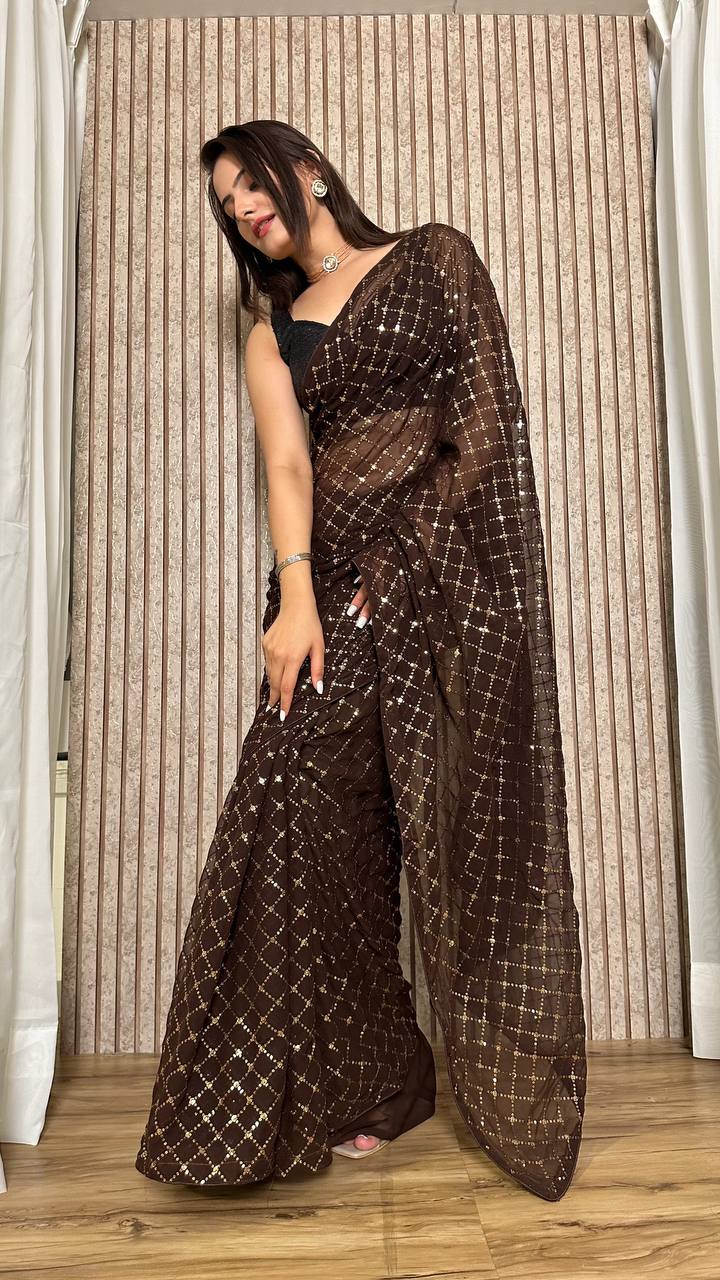 Brown Elegant Georgette Sequin Work Saree with Banglori Satin Blouse