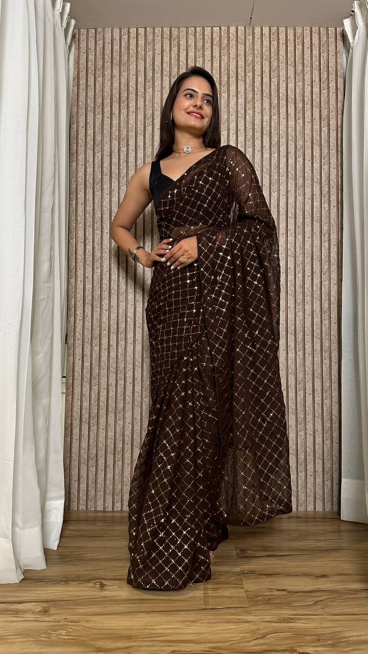 Brown Elegant Georgette Sequin Work Saree with Banglori Satin Blouse