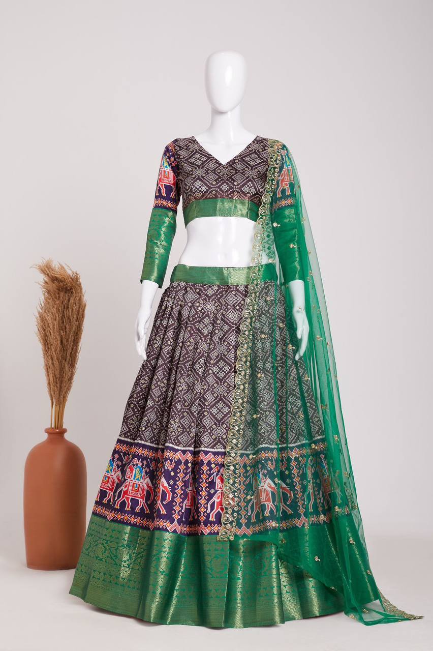 Brown Elegant Heavy Dola Jacquard Silk Lehenga Set with Green Embroidered Net Dupatta