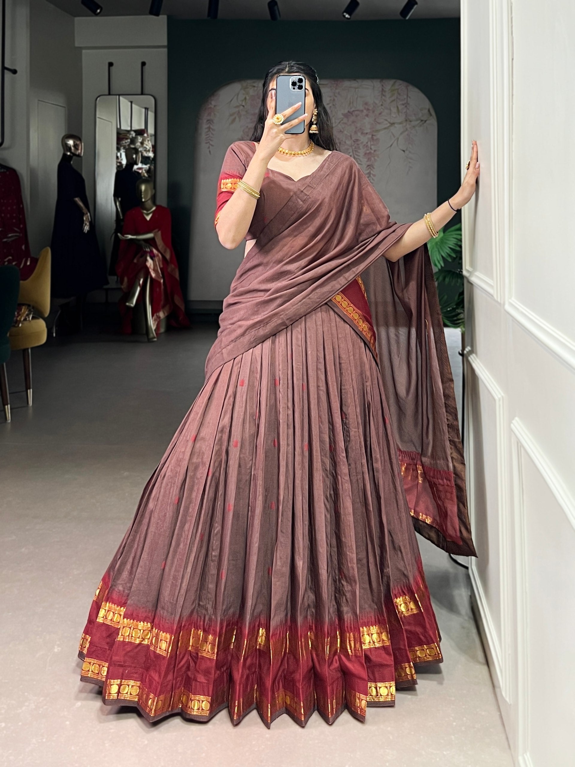 Brown Elegant Pure Chanderi Lehenga with Zari Weaving Work – Stitched Lehenga with Unstitched Blouse & Zari Dupatta