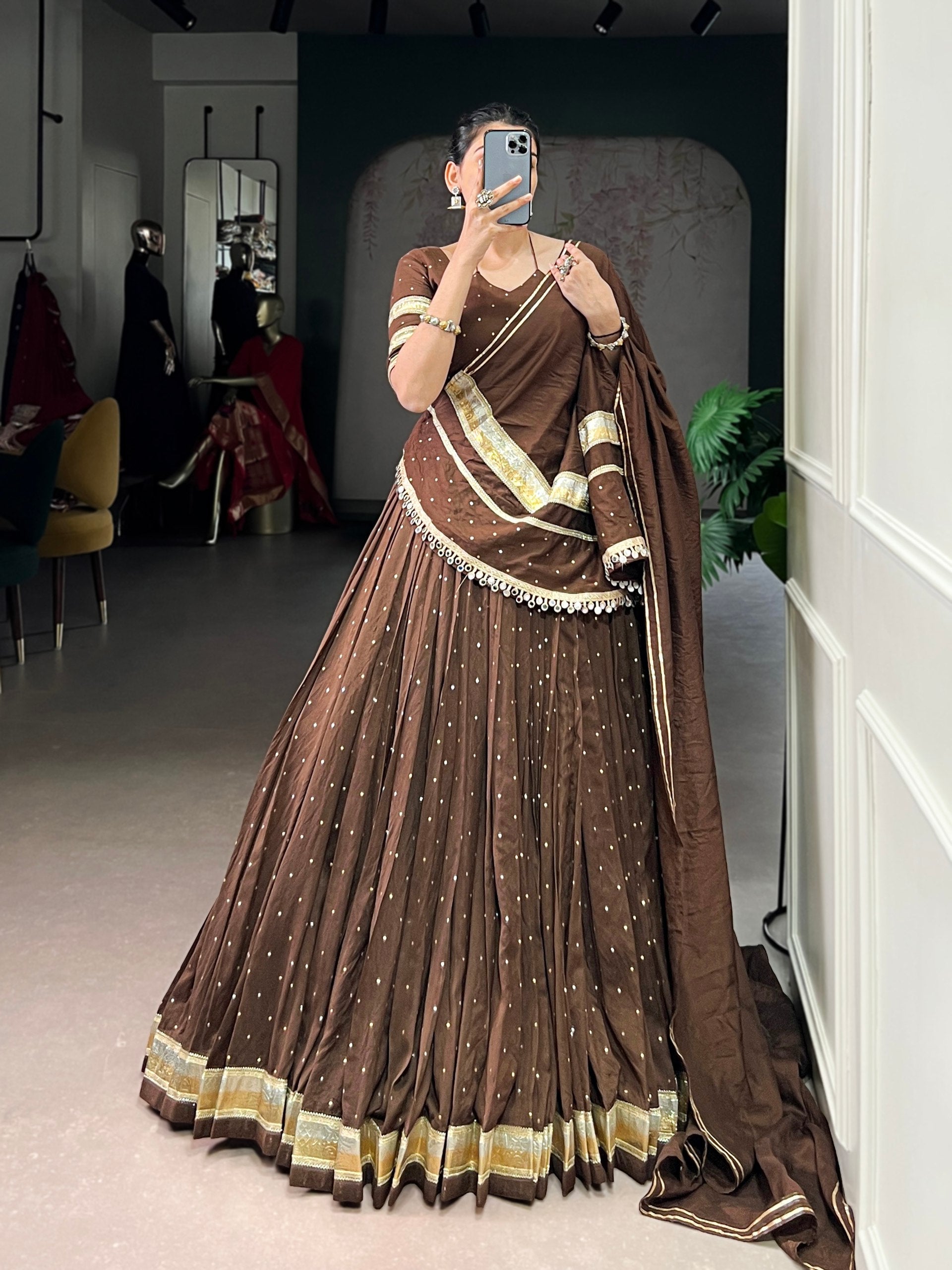 Brown Elegant Pure Chanderi Zari Weaving Lehenga Set with Embossed Design & Lace Touch-Up – 6-Meter Flair Stitched Lehenga, Blouse & Dupatta