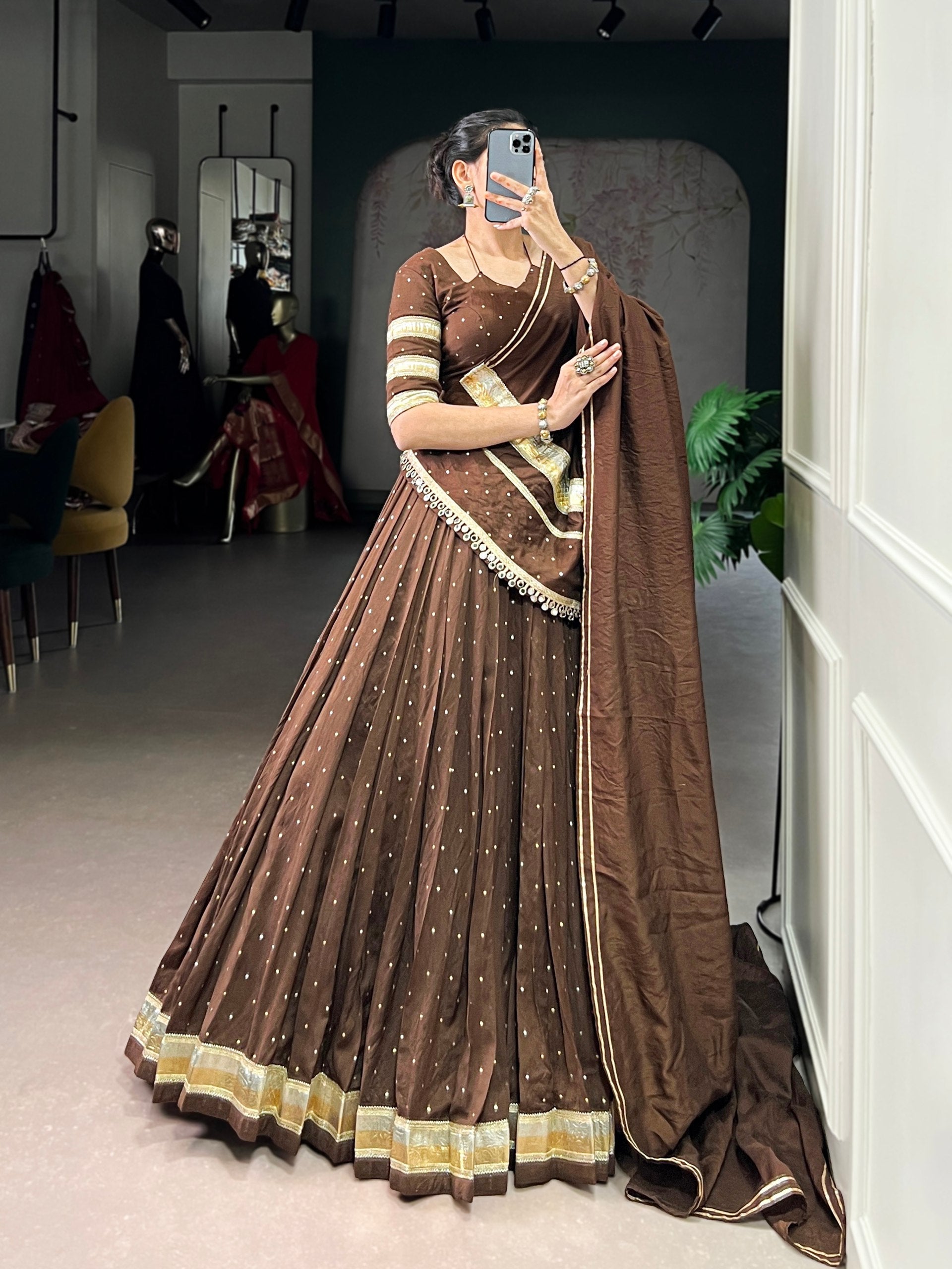Brown Elegant Pure Chanderi Zari Weaving Lehenga Set with Embossed Design & Lace Touch-Up – 6-Meter Flair Stitched Lehenga, Blouse & Dupatta