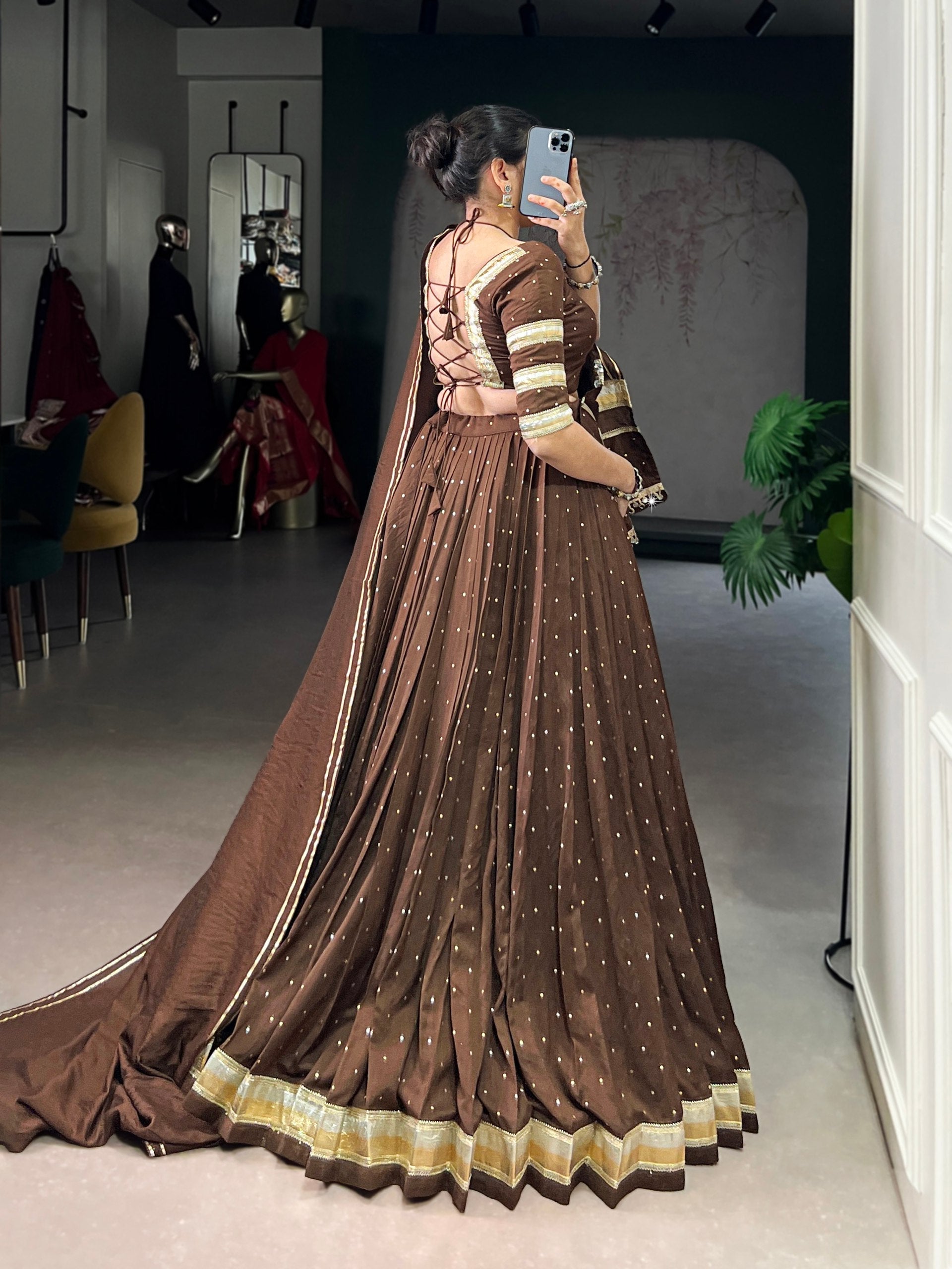 Brown Elegant Pure Chanderi Zari Weaving Lehenga Set with Embossed Design & Lace Touch-Up – 6-Meter Flair Stitched Lehenga, Blouse & Dupatta